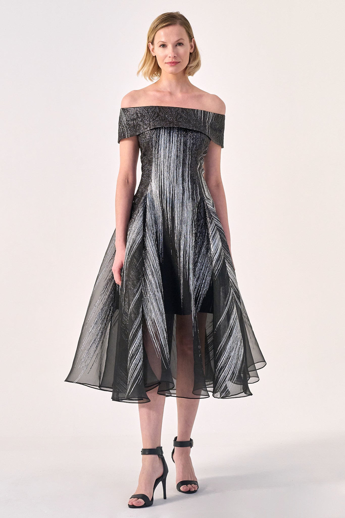 Modern Elegance: Off-the-Shoulder Midi Dress with Sheer Overlay John Paul Ataker Modern Elegance: Off-the-Shoulder Midi Dress with Sheer Overlay John Paul Ataker