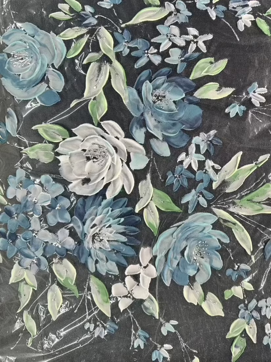 Hand Painted Floral Lace on Stretched Tulle