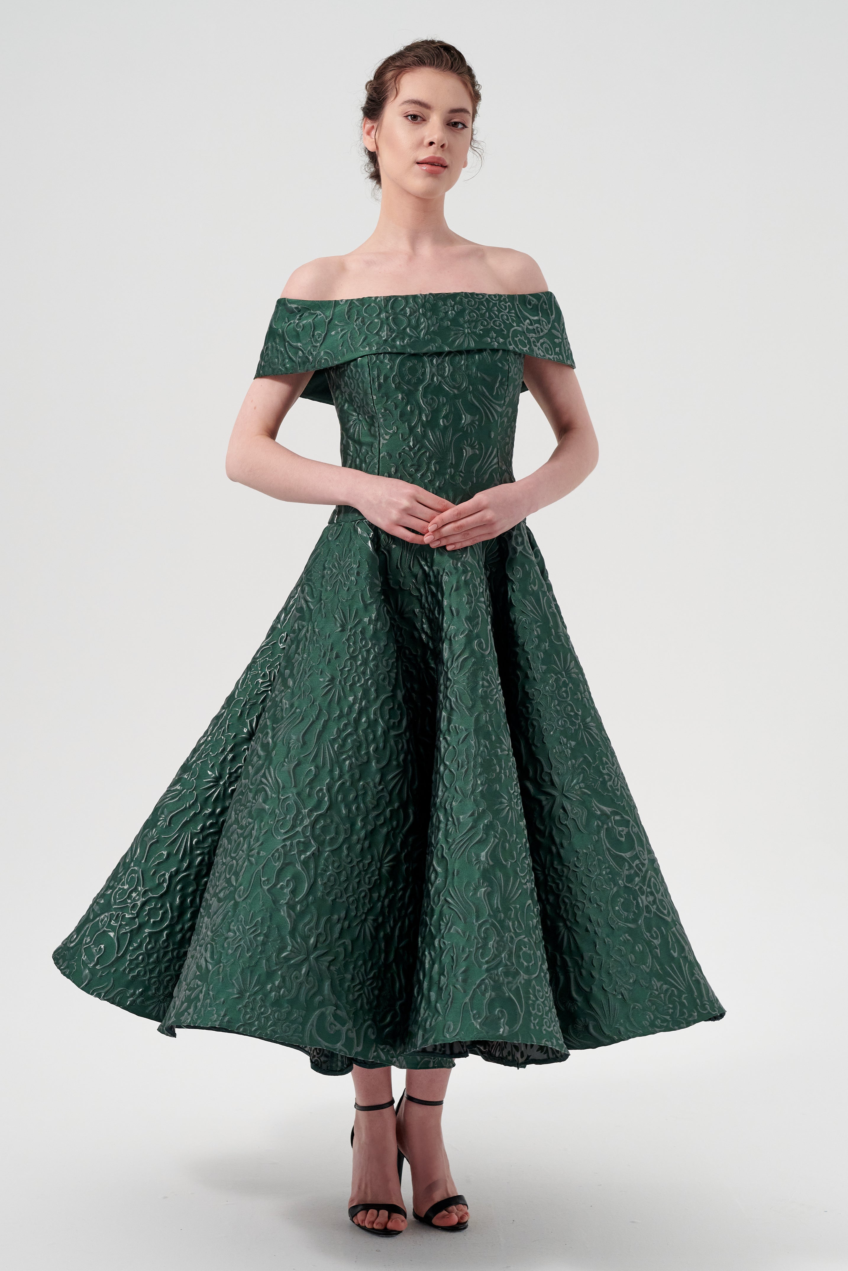 Off-The-Shoulder Tea-Length Jacquard Dress – John Paul Ataker Off-The-Shoulder Tea-Length Jacquard Dress – John Paul Ataker