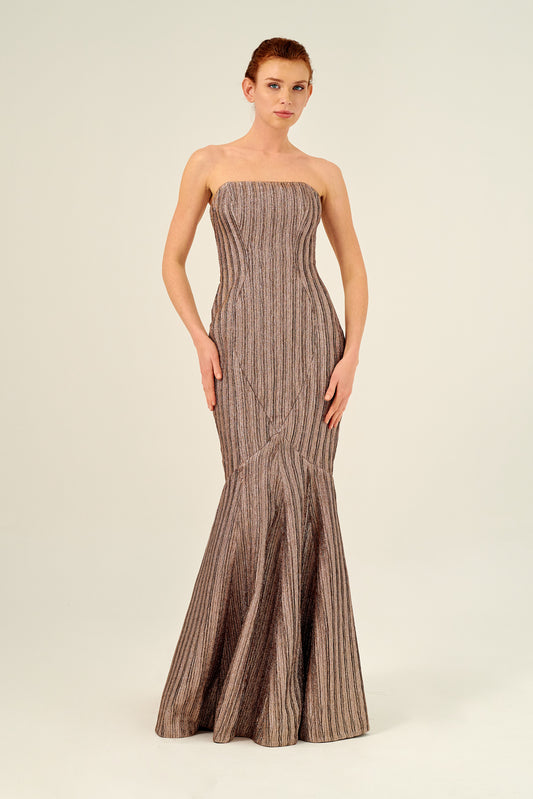 Strapless Pleated Floor-Length Metallic Jacquard Gown
