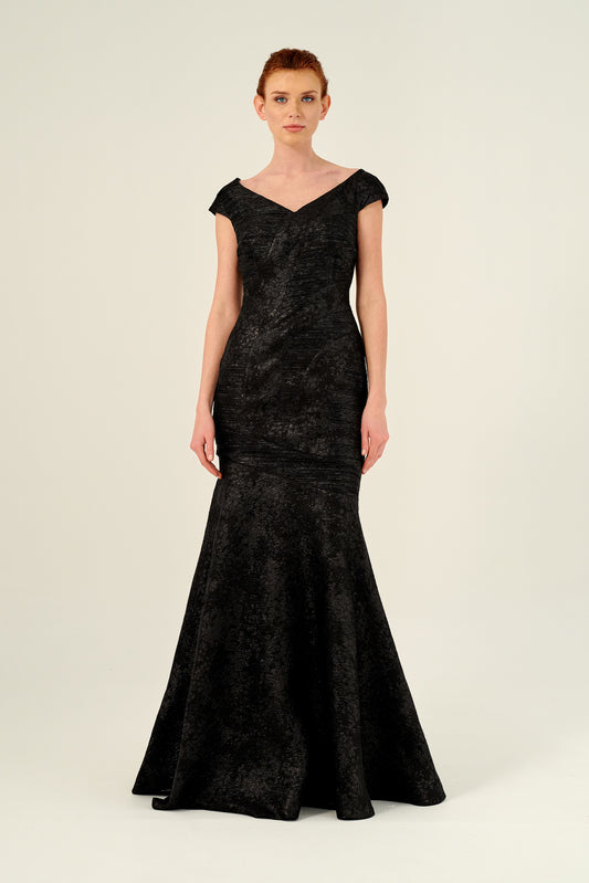 Floral Jacquard V-Neckline Cap Sleeve Dress