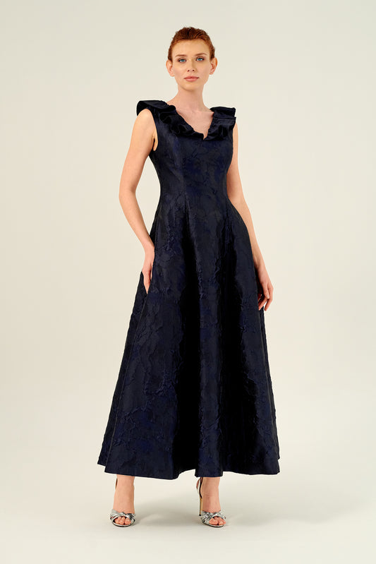 Ruffled V-Neckline Jacquard Maxi Cocktail Dress