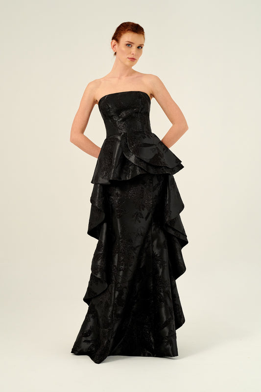 Strapless Peplum Detail Long Floral Jacquard Dress