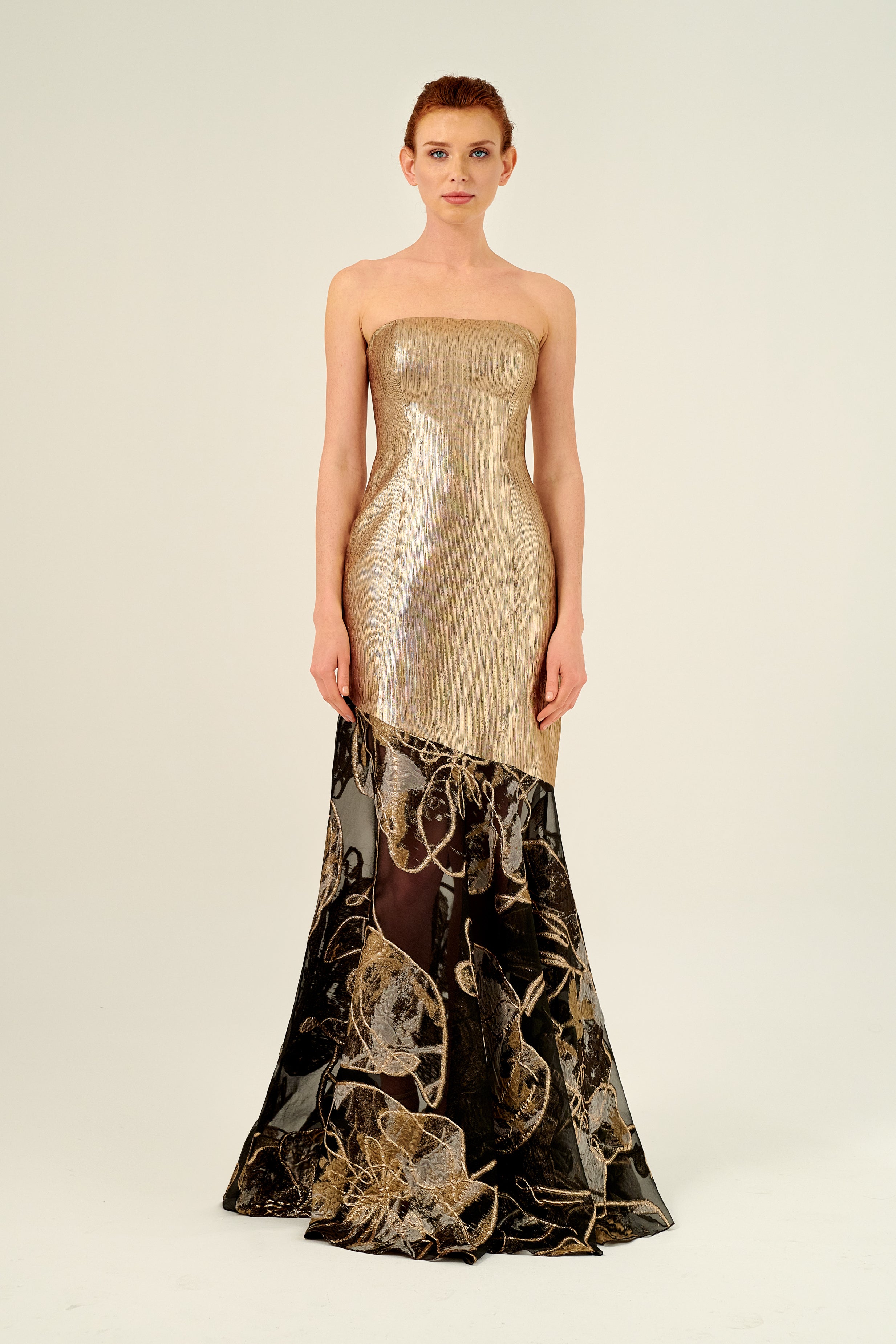 Two-Tone Strapless Long Metallic Jacquard Dress White Two-Tone Strapless Long Metallic Jacquard Dress White