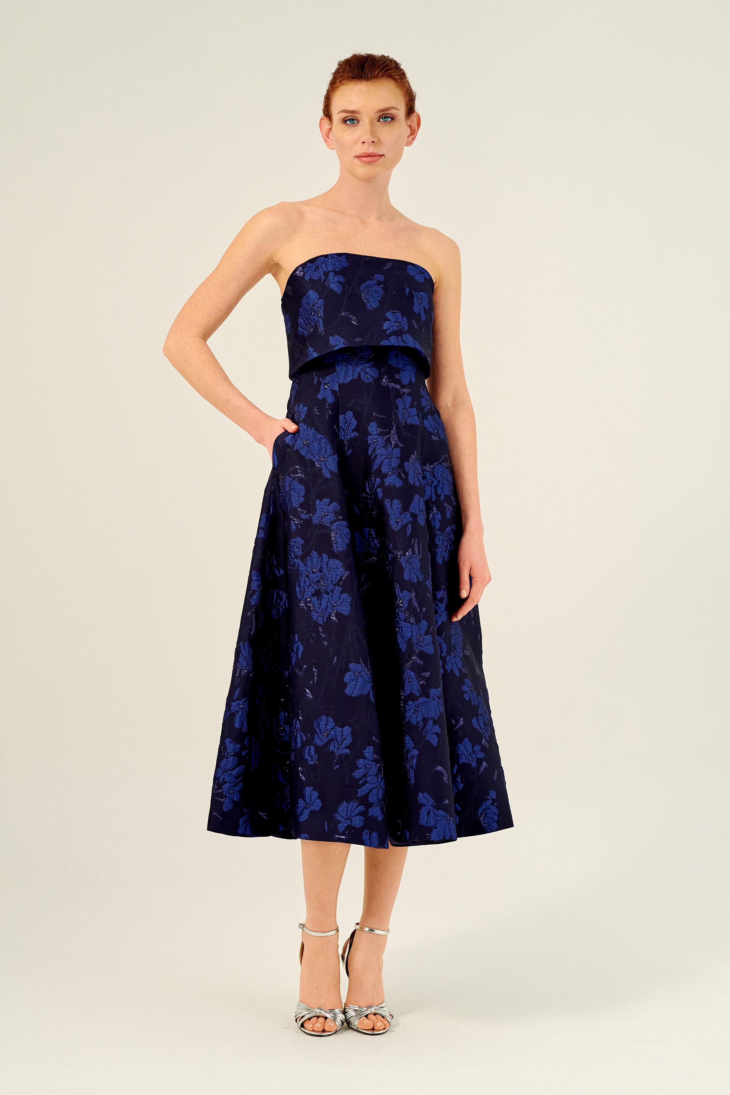 Fold Down Strapless Neck Floral-Printed Jacquard Midi Dress John Paul Ataker Fold Down Strapless Neck Floral-Printed Jacquard Midi Dress John Paul Ataker