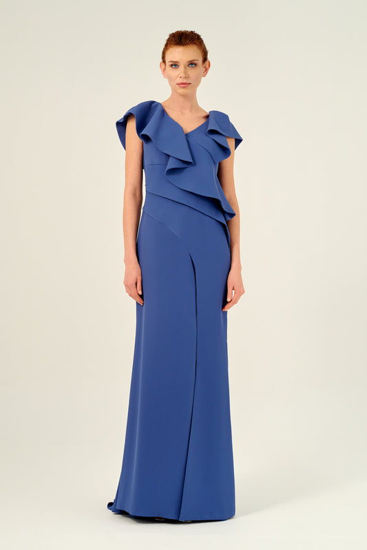 Ruffled V-Neck Long Soft Woven Dress