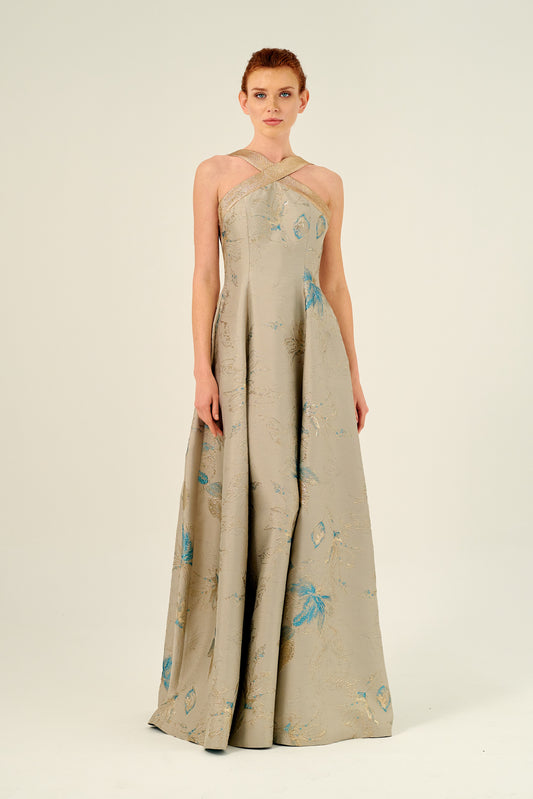 Halter Neckline Fit and Flare Floral Long Gown