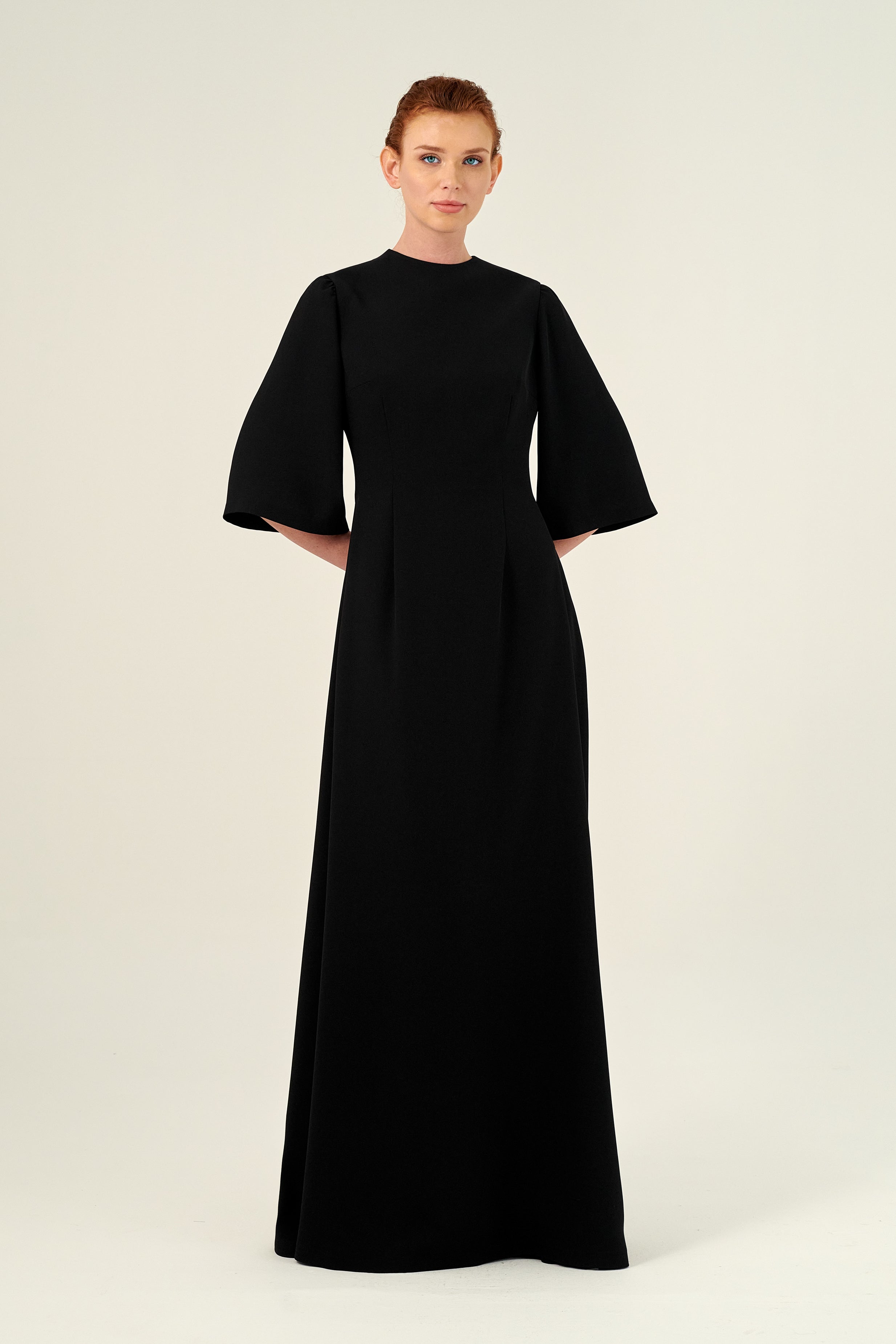 Bell Sleeve Fit and Flare Crewneck Long Dress Navy Bell Sleeve Fit and Flare Crewneck Long Dress Navy