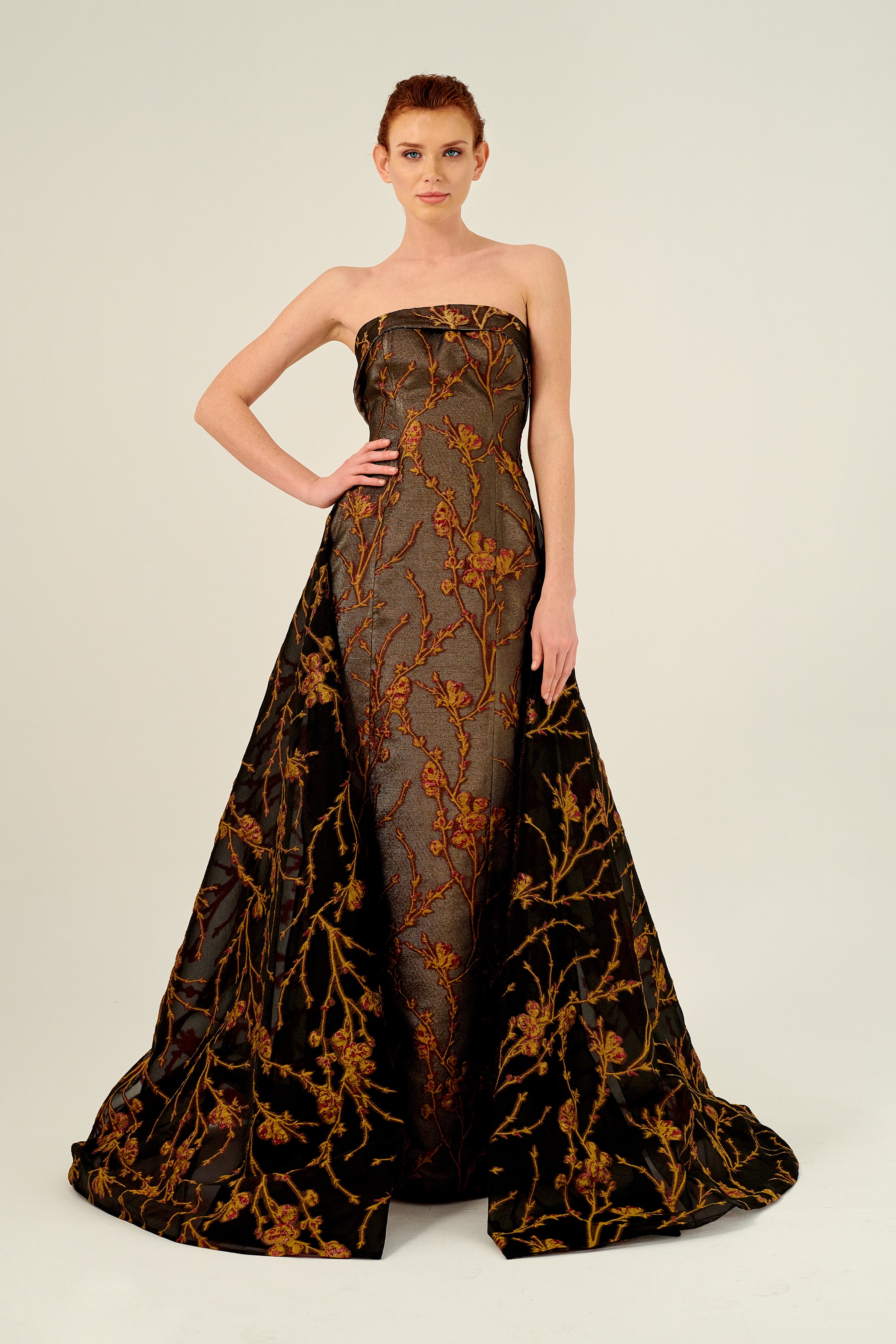 Detachable Train Detail Folded Strapless Neckline Long Jacquard Dress John Paul Ataker Detachable Train Detail Folded Strapless Neckline Long Jacquard Dress John Paul Ataker