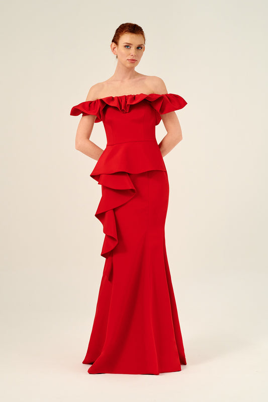 Ruffled Off-The-Shoulder Floor-Length Evening Gown