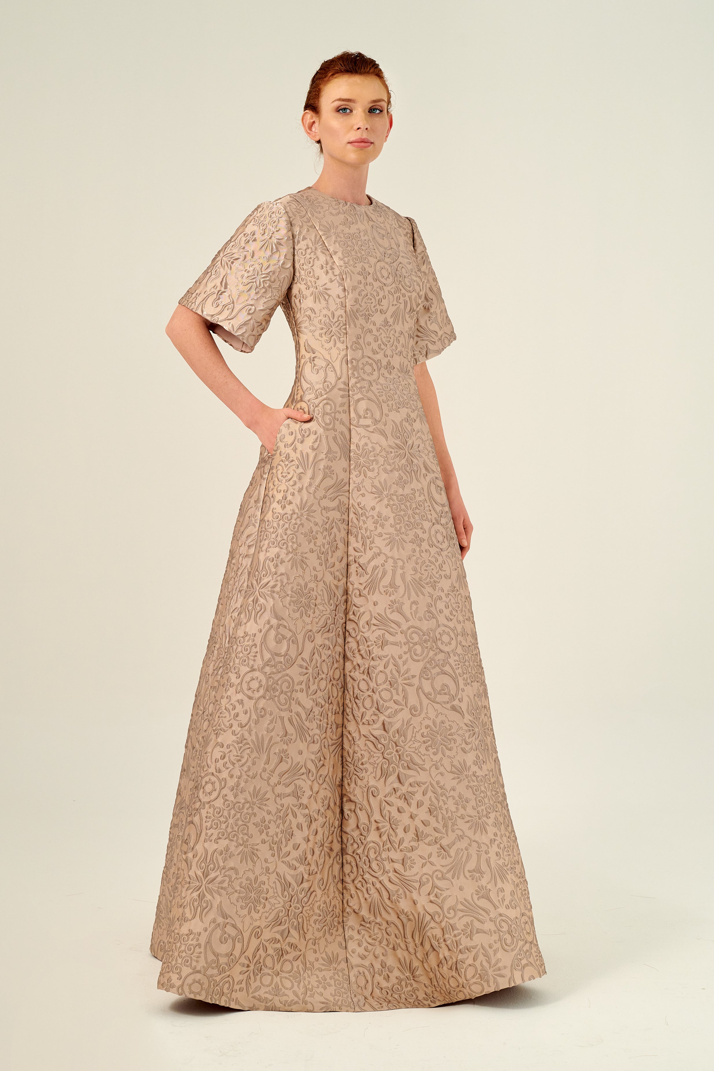 Crew Neck Butterfly Sleeve Full-Length A-Line Dress Silver Crew Neck Butterfly Sleeve Full-Length A-Line Dress Silver