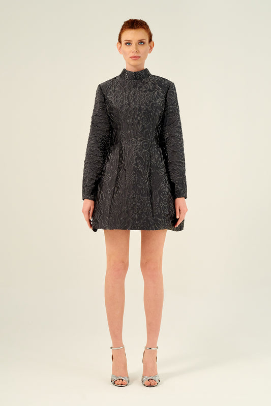 High Neck Long Sleeve Mini Jacquard Dress