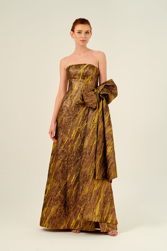 Bow Detail Strapless Full-Length Jacquard Dress