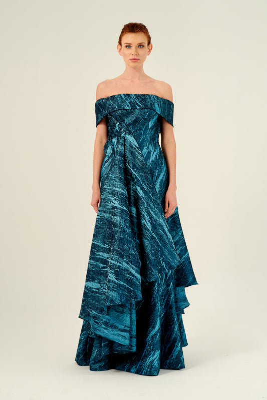 Pleated Bodies Off-The-Shoulder Neckline Long Jacquard Dress