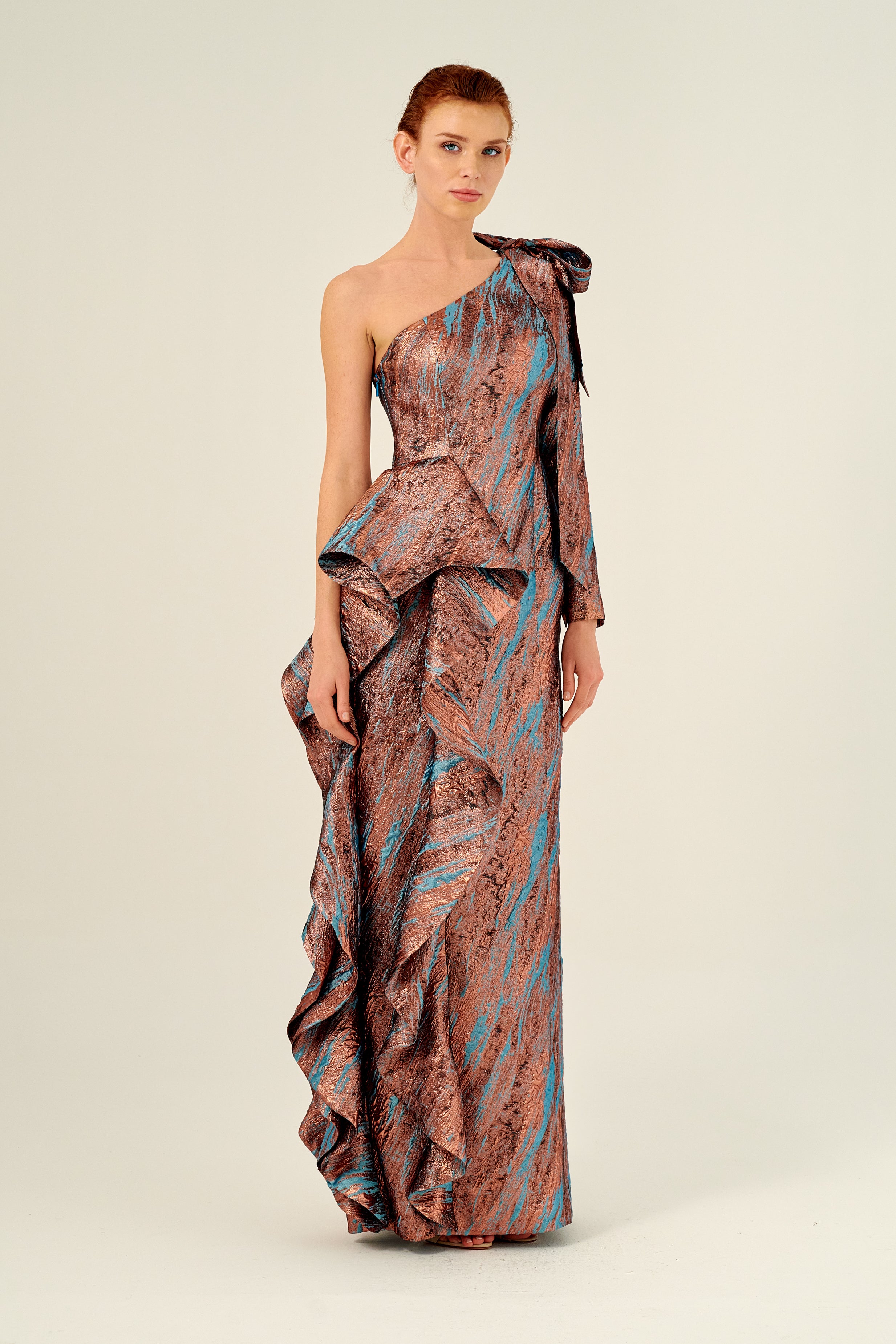 One Long Sleeve Shoulders and Ruffled Column Jacquard Dress Bronze One Long Sleeve Shoulders and Ruffled Column Jacquard Dress Bronze
