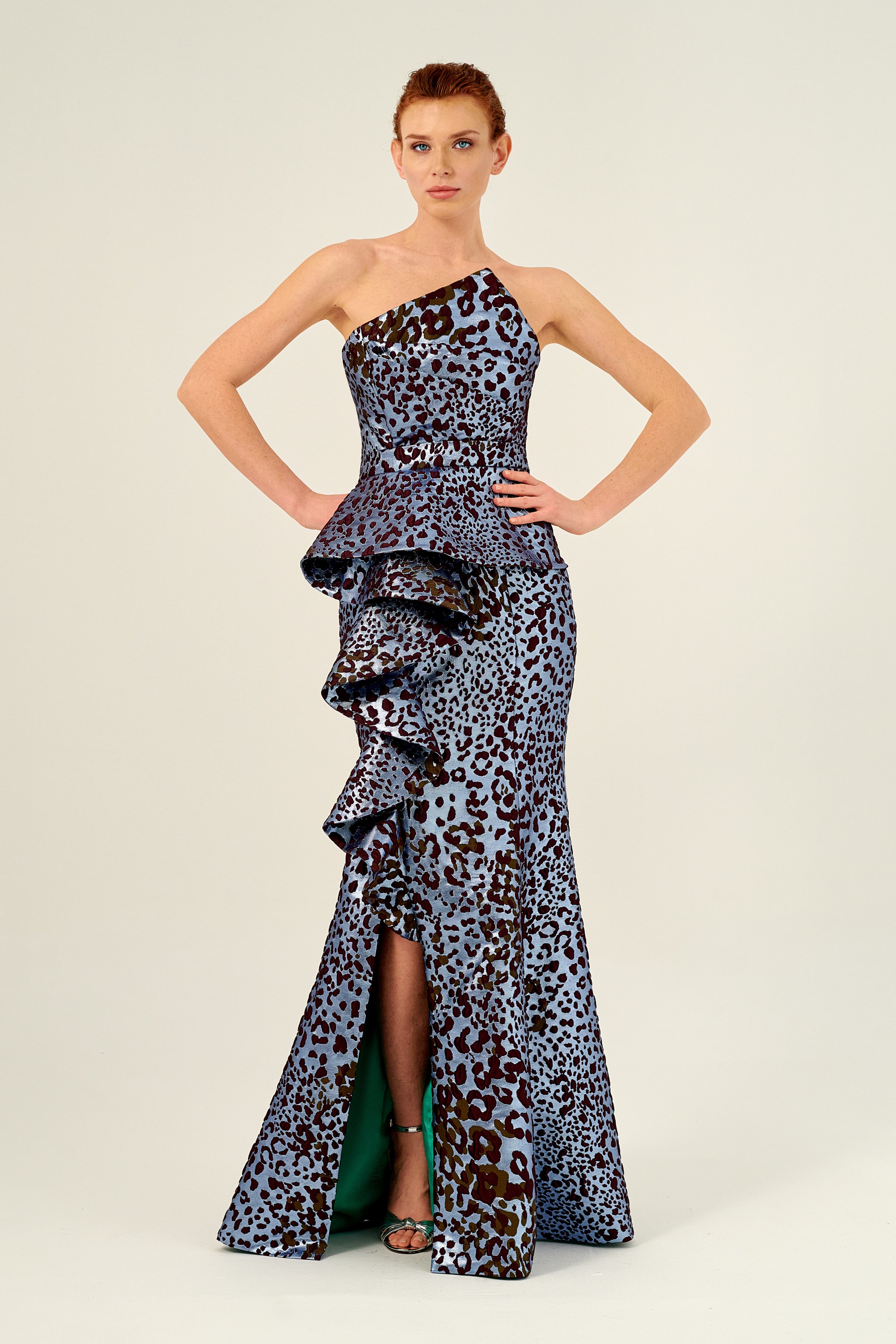 Asymmetric Neckline and Ruffled Slit Detail Long Dress John Paul Ataker Asymmetric Neckline and Ruffled Slit Detail Long Dress John Paul Ataker