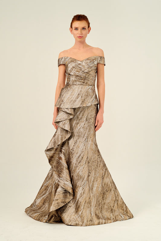 Portrait Neckline Pleated Bodies Long Mermaid Evening Dress