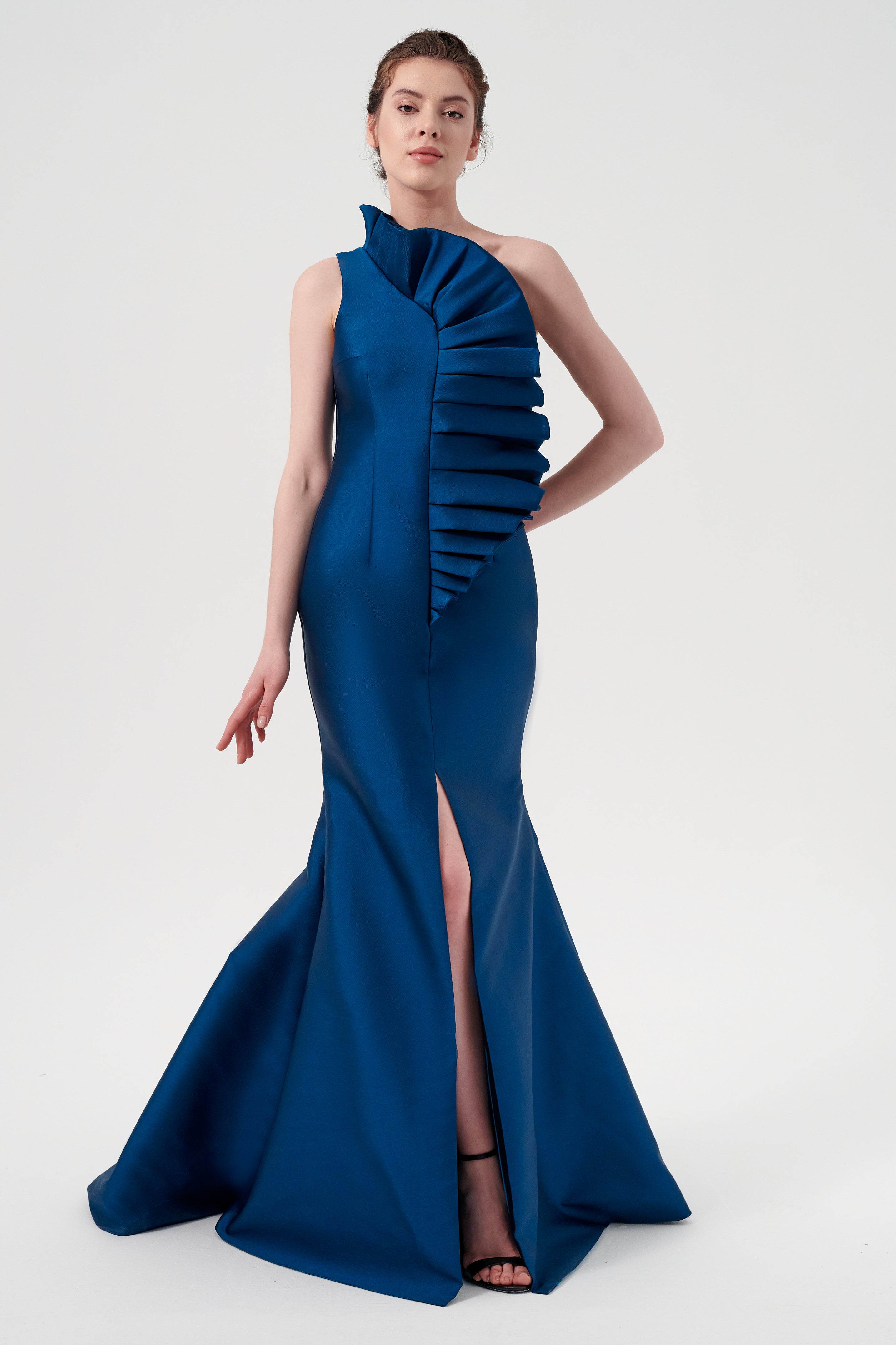 fan pleated dress One Shoulder Pleated Fan Midi Dress/Gold KC Dresses
