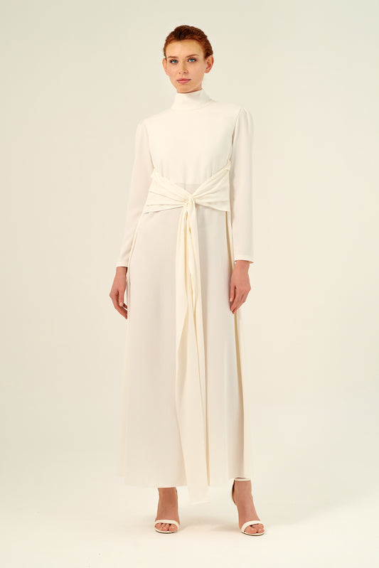 High Neck Long Sleeve Self-Front Tie Maxi Dress