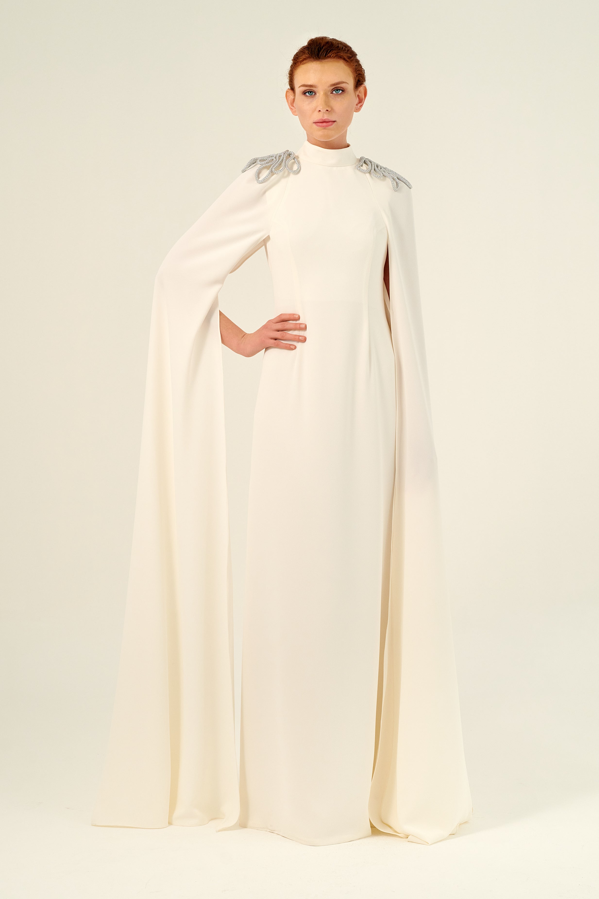 Cape-Sleeves High Neck Floor Sweeping Soft Woven Dress Cape-Sleeves High Neck Floor Sweeping Soft Woven Dress