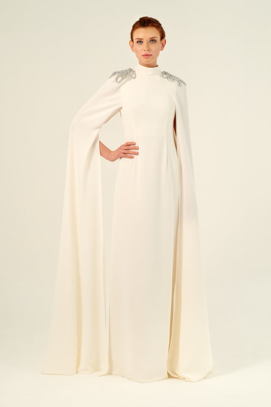 Cape-Sleeves High Neck Floor Sweeping Soft Woven Dress