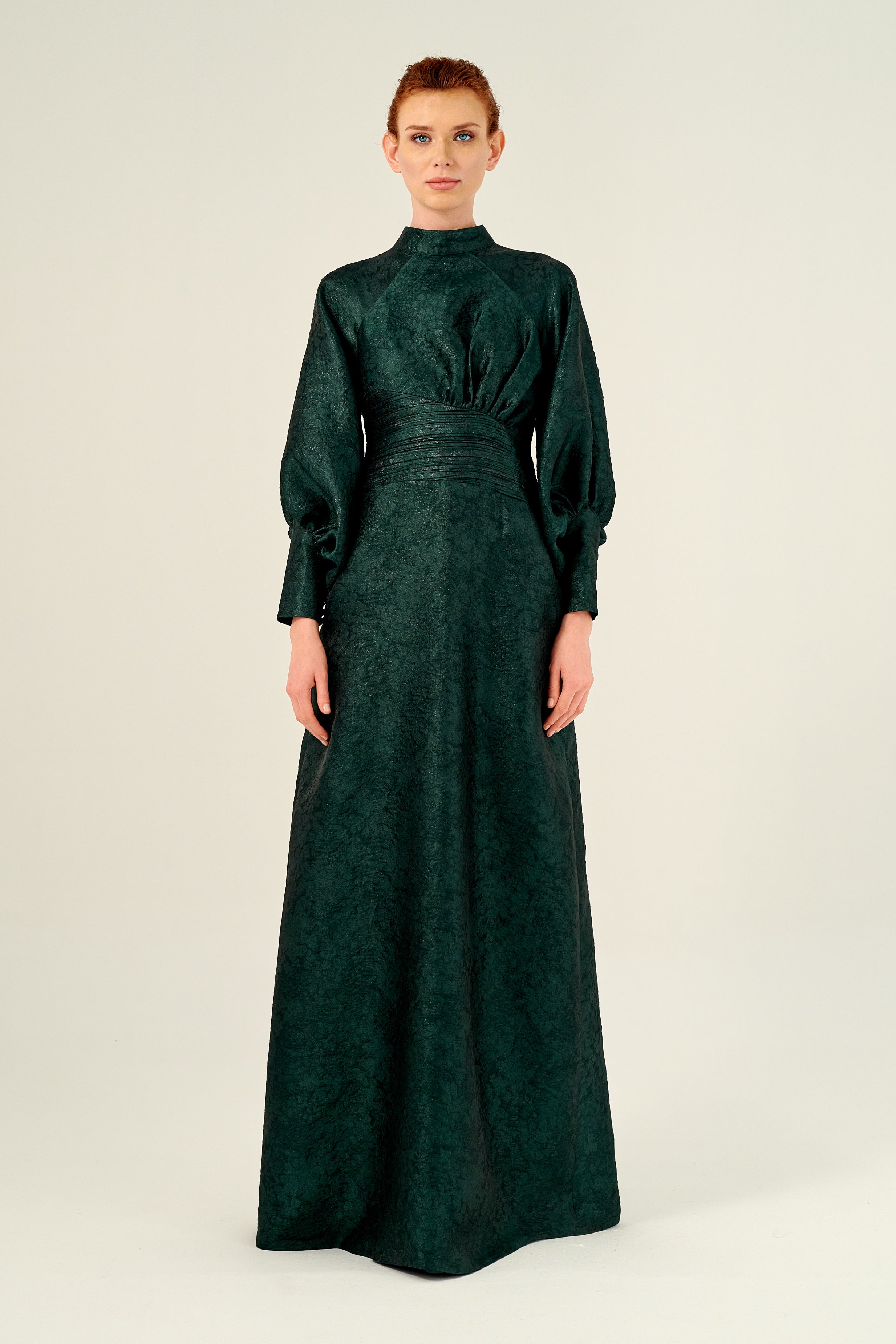 Long Puffy Sleeve High Neck Fit and Flare Dress Light Blue Long Puffy Sleeve High Neck Fit and Flare Dress Light Blue
