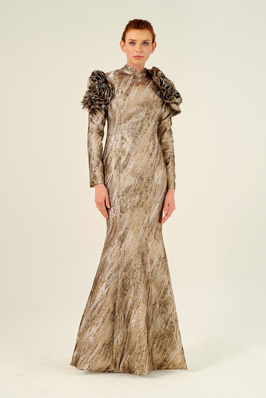 High Neck 3D Flower Applique Detail Long Puffy Sleeve Evening Dress