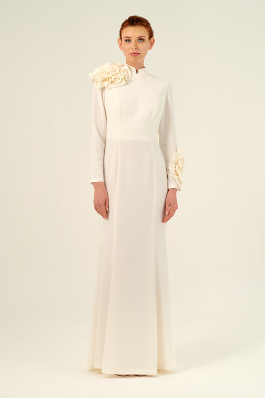 A High Neck Long Sleeve Column Rose Detail Dress