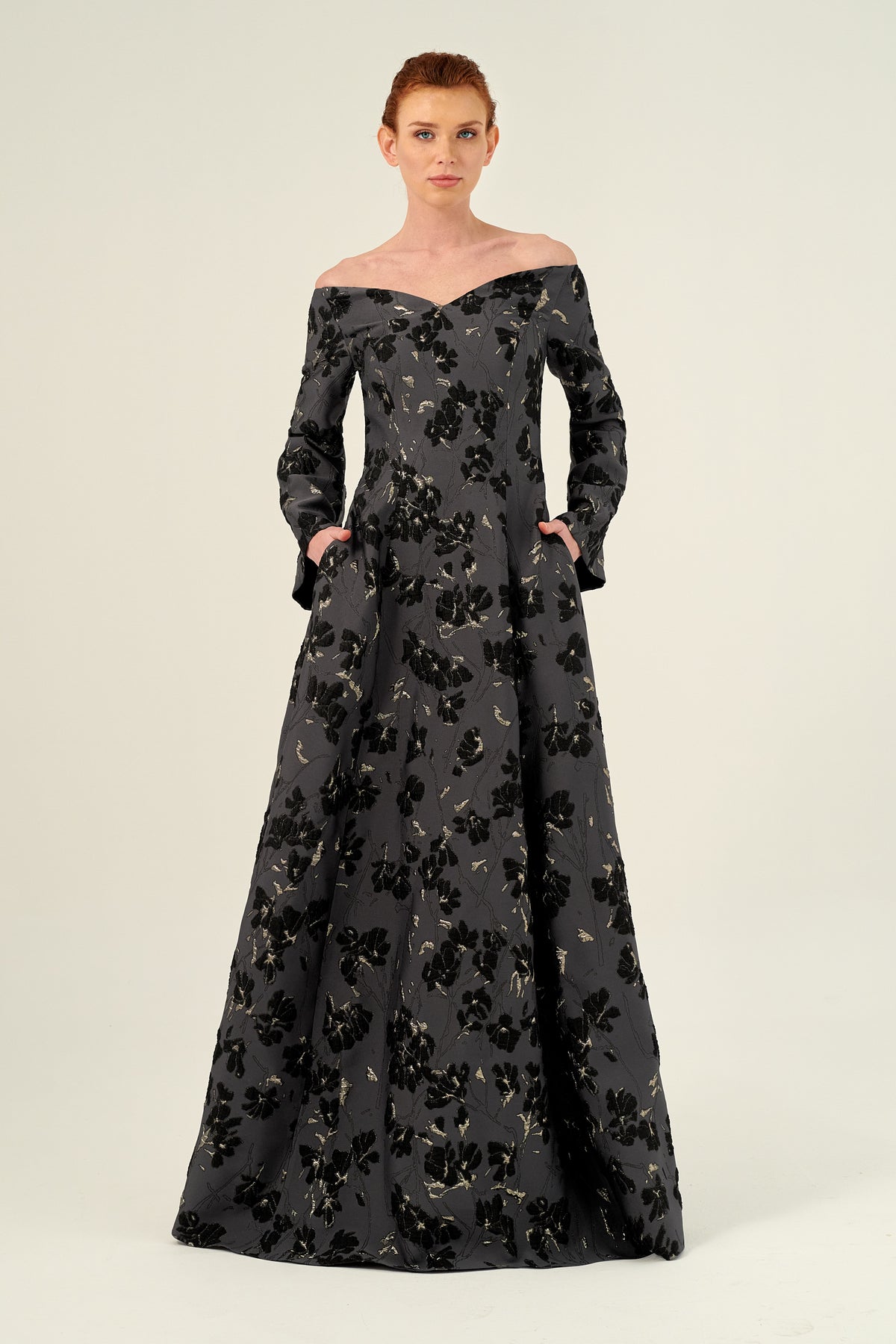 Portrait Neckline Long Sleeve Floral Jacquard Ball Gown
