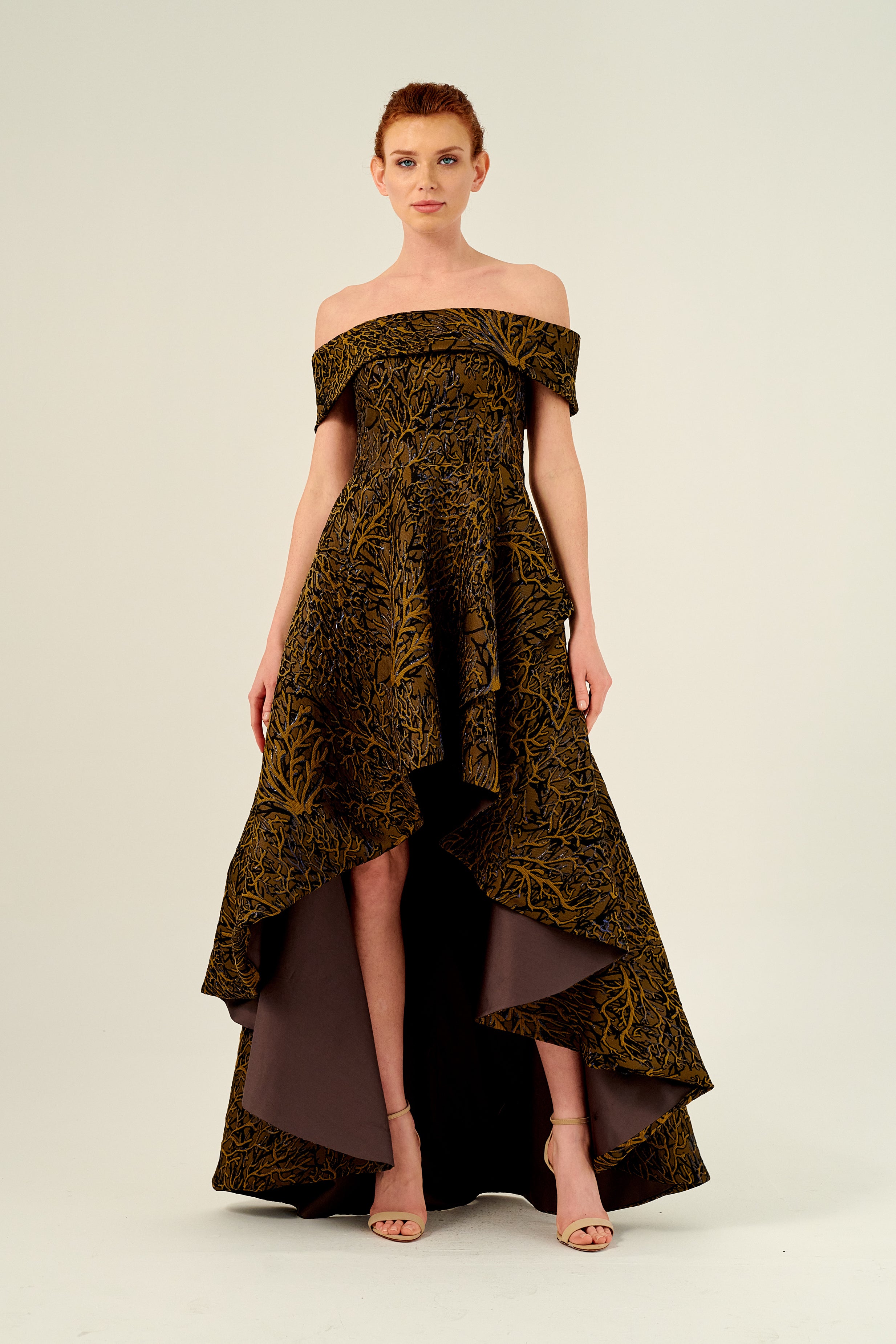 Off-The-Shoulder High Low Jacquard Evening Gown John Paul Ataker Off-The-Shoulder High Low Jacquard Evening Gown John Paul Ataker