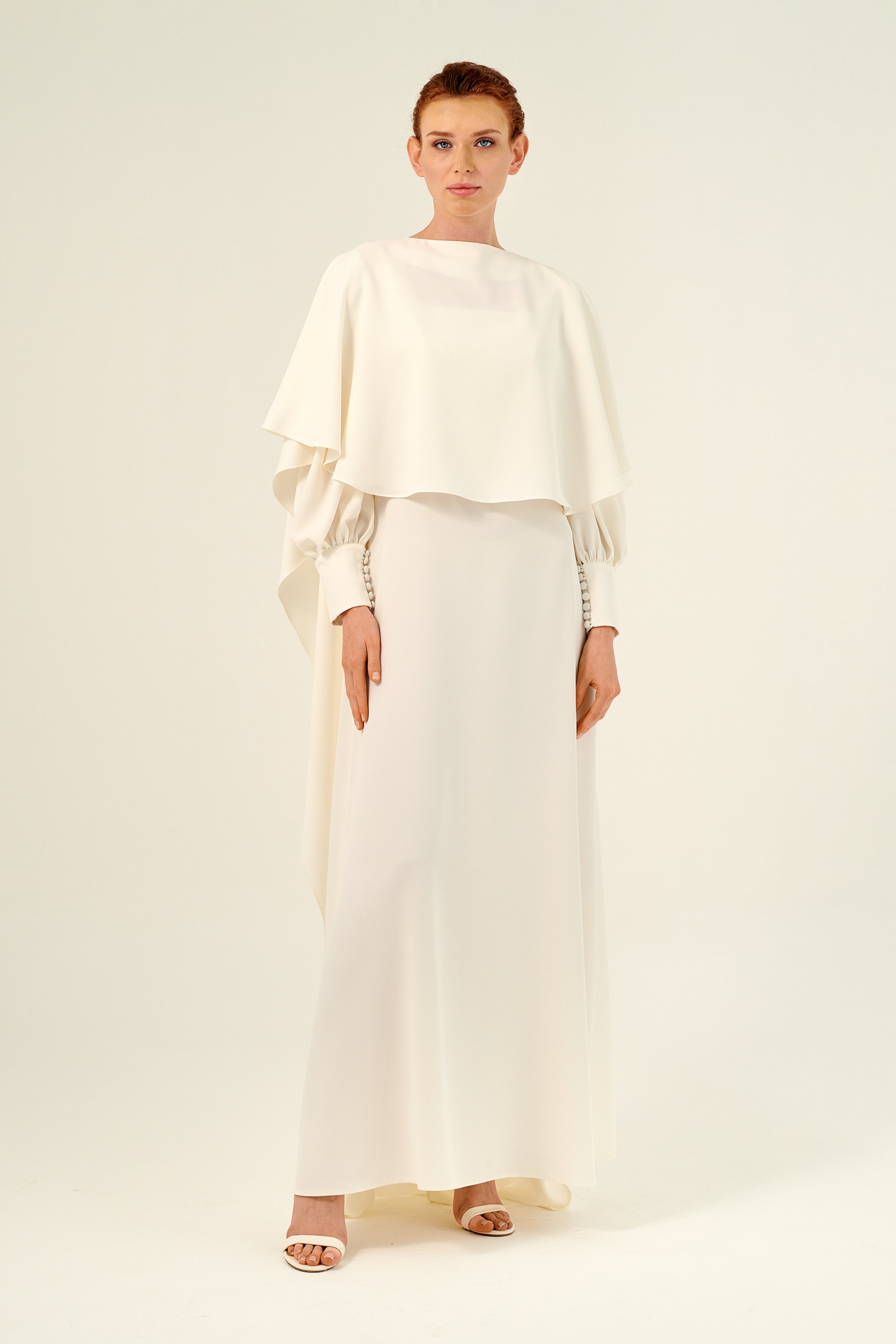 Square Neckline Puffy Long Sleeve Functional Cape Detail Long Dress John Paul Ataker Square Neckline Puffy Long Sleeve Functional Cape Detail Long Dress John Paul Ataker