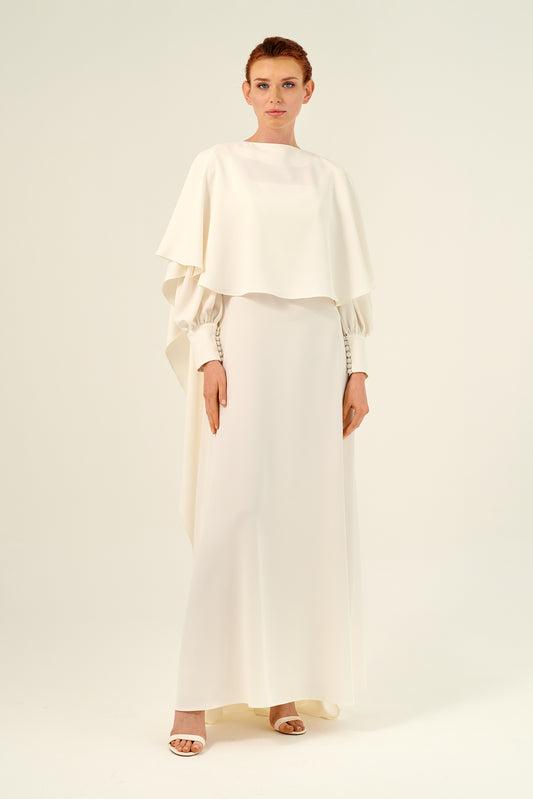 Square Neckline Puffy Long Sleeve Functional Cape Detail Long Dress