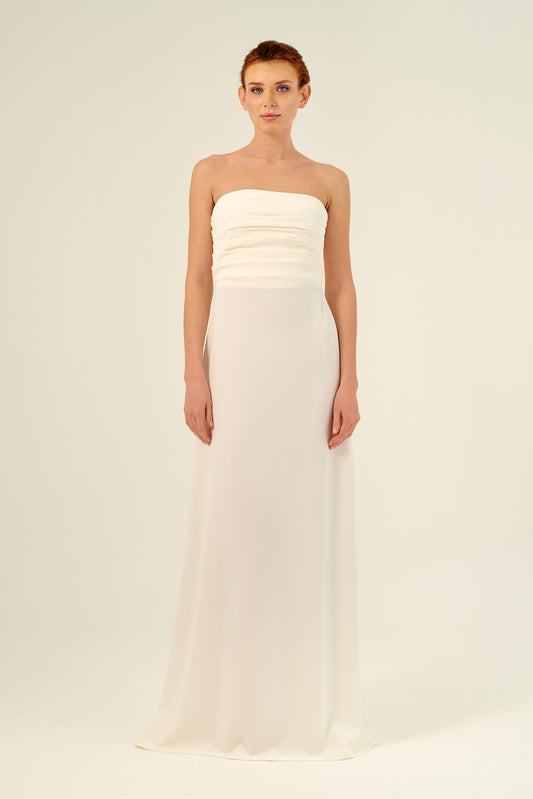 Pleated Bodice Long Strapless Evening Gown