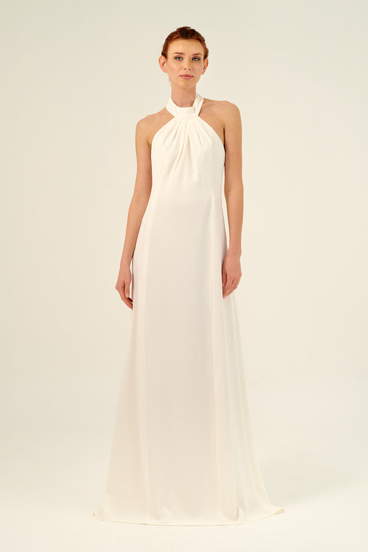 Ruched Halter Neckline A-Line Long Dress