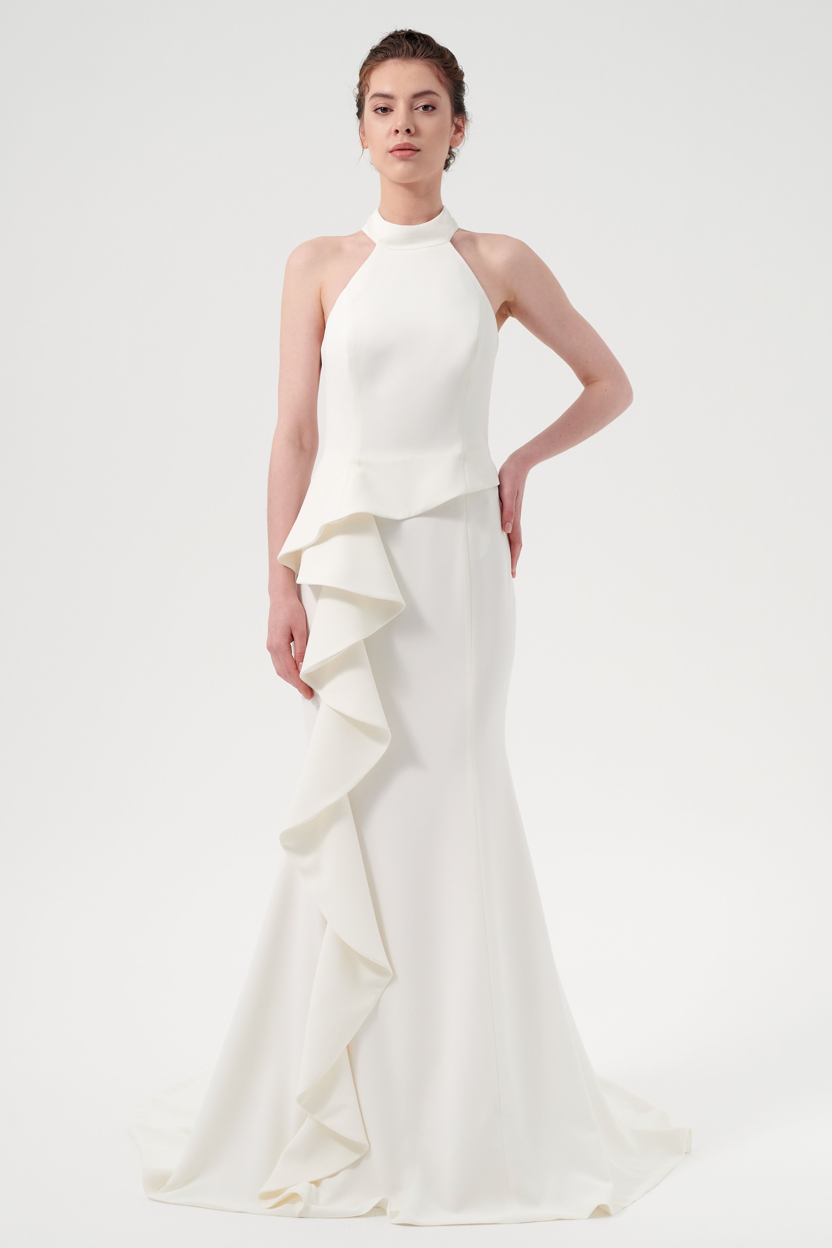 High Neck Asymmetrical Draping Peplum Detail Long Mermaid Dress John Paul Ataker High Neck Asymmetrical Draping Peplum Detail Long Mermaid Dress John Paul Ataker