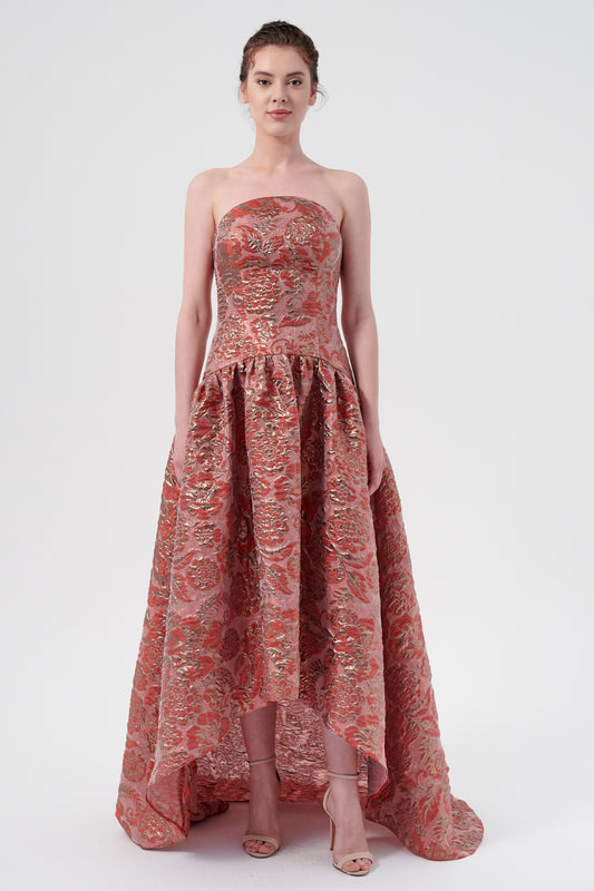 High-Low Strapless Bodice Floral Jacquard Gown