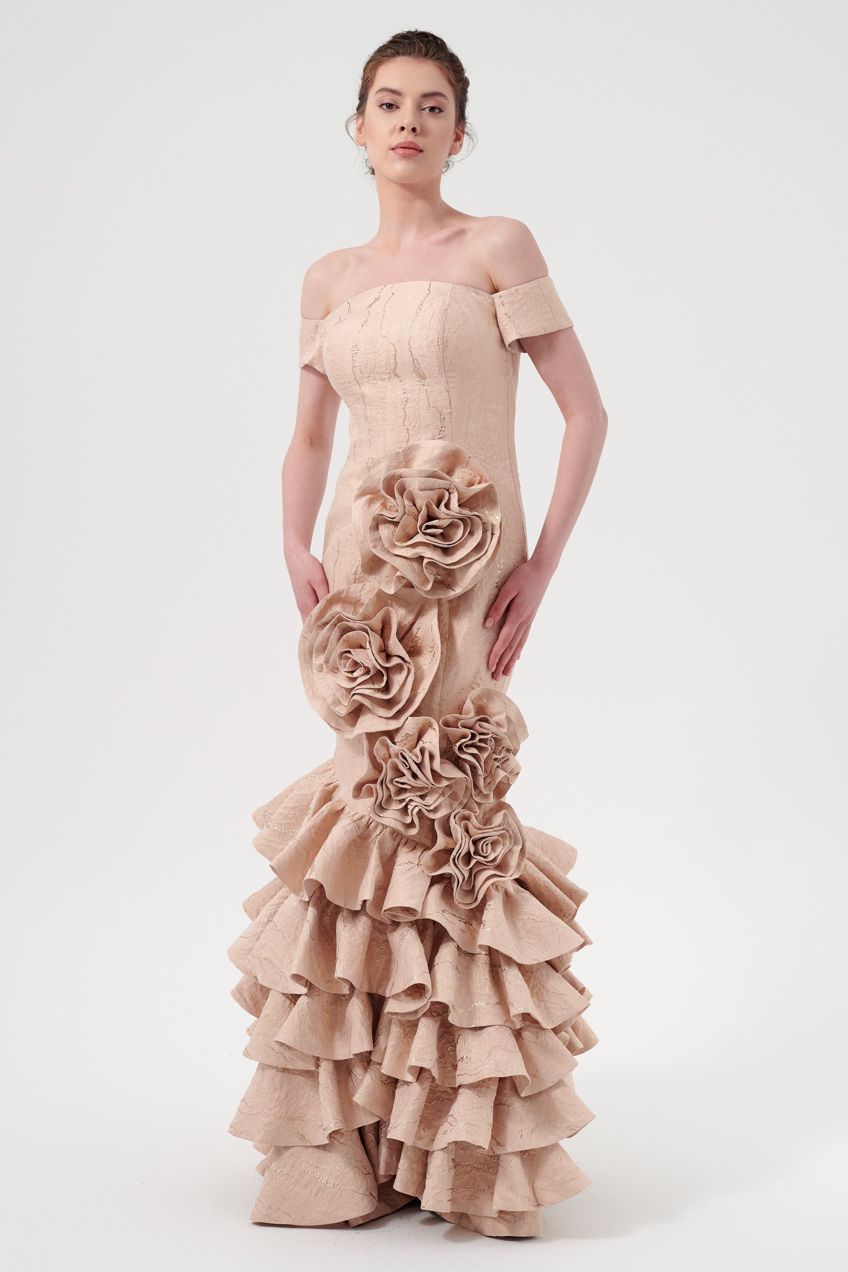 Off The Shoulder Ruffled 3-Dimensional Trumpet Silhouette Gown – John Paul Ataker Off The Shoulder Ruffled 3-Dimensional Trumpet Silhouette Gown – John Paul Ataker