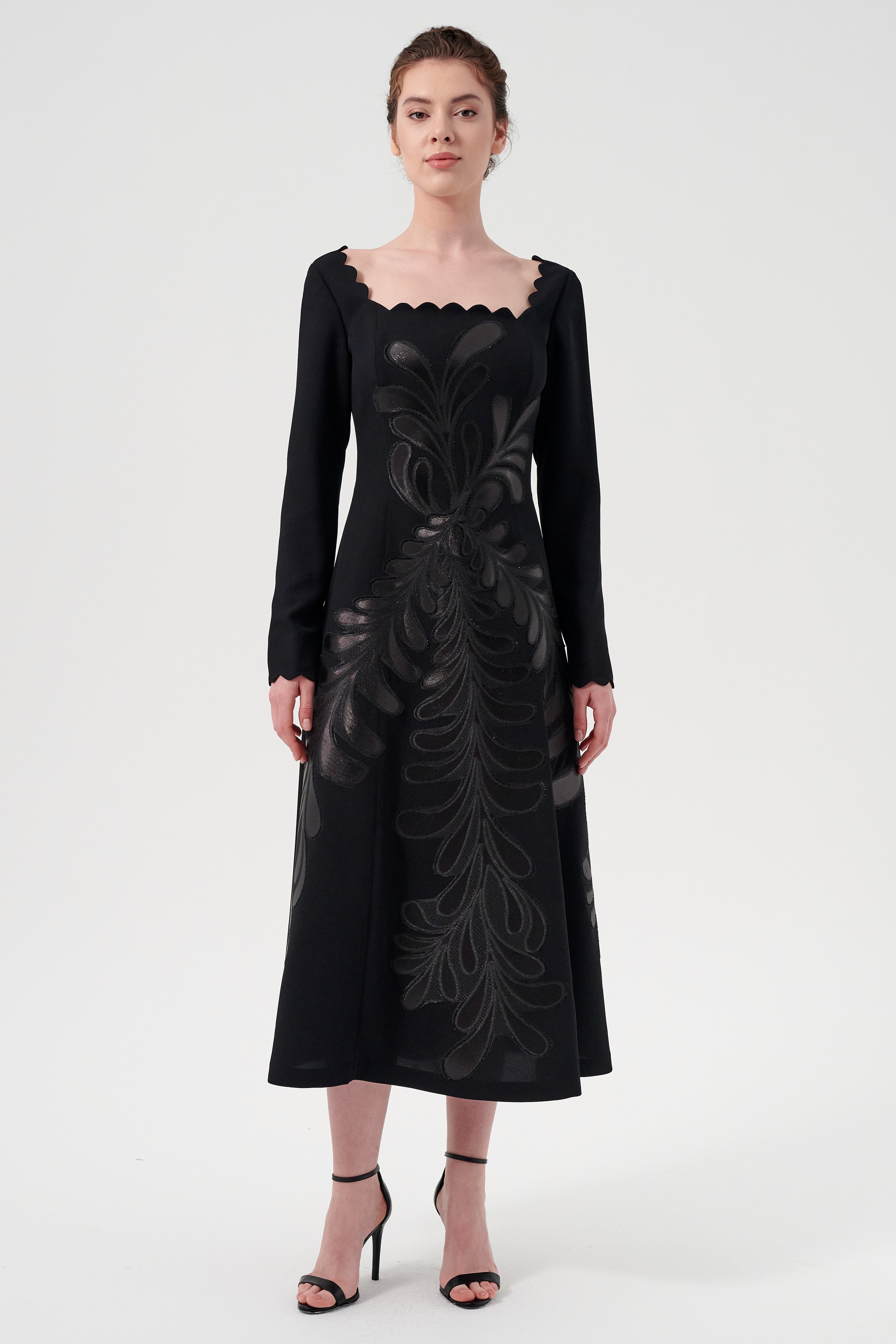 The Square-Neck Long-Sleeve Scroll-Embroidered Tea-Length Soft Woven D John Paul Ataker The Square-Neck Long-Sleeve Scroll-Embroidered Tea-Length Soft Woven D John Paul Ataker