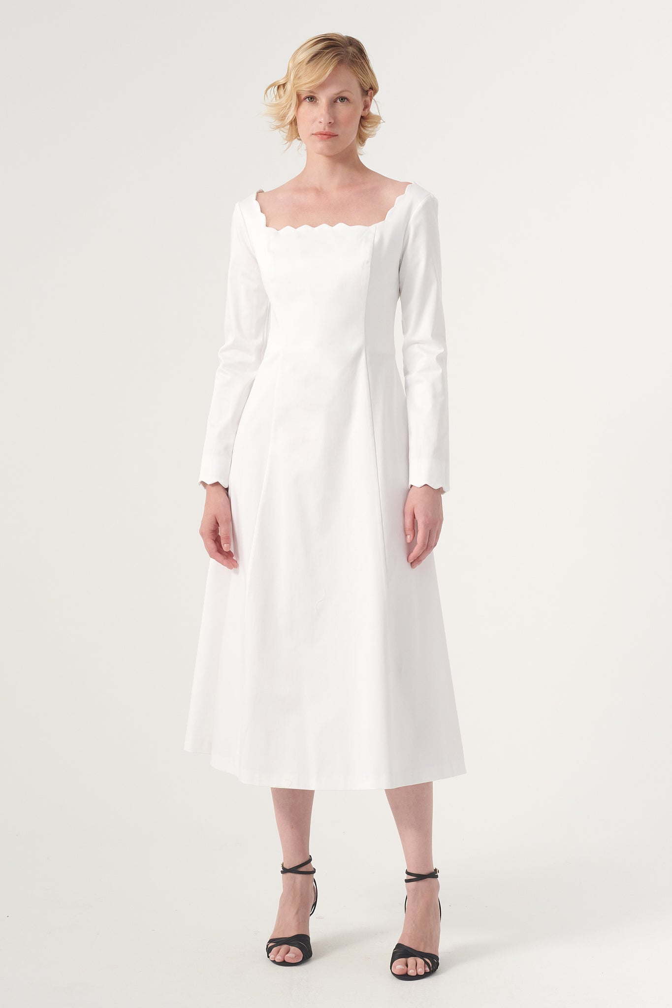 The Square-Neck Long-Sleeve Scroll Tea-Length Soft Woven Dress – John Paul Ataker The Square-Neck Long-Sleeve Scroll Tea-Length Soft Woven Dress – John Paul Ataker