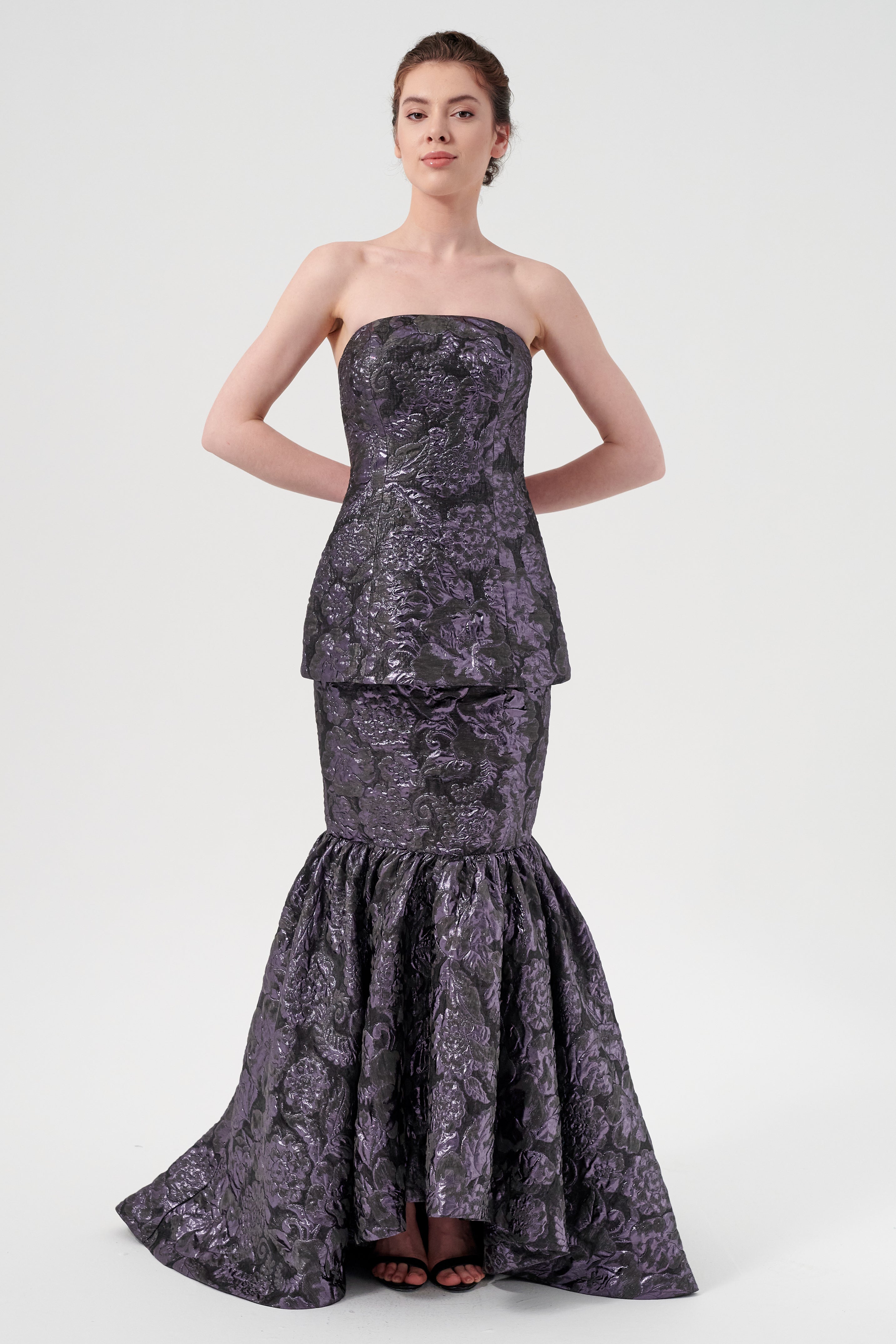 Stunning Strapless Peplum Bodice Layered Ruffles Detail Long Evening G John Paul Ataker Stunning Strapless Peplum Bodice Layered Ruffles Detail Long Evening G John Paul Ataker