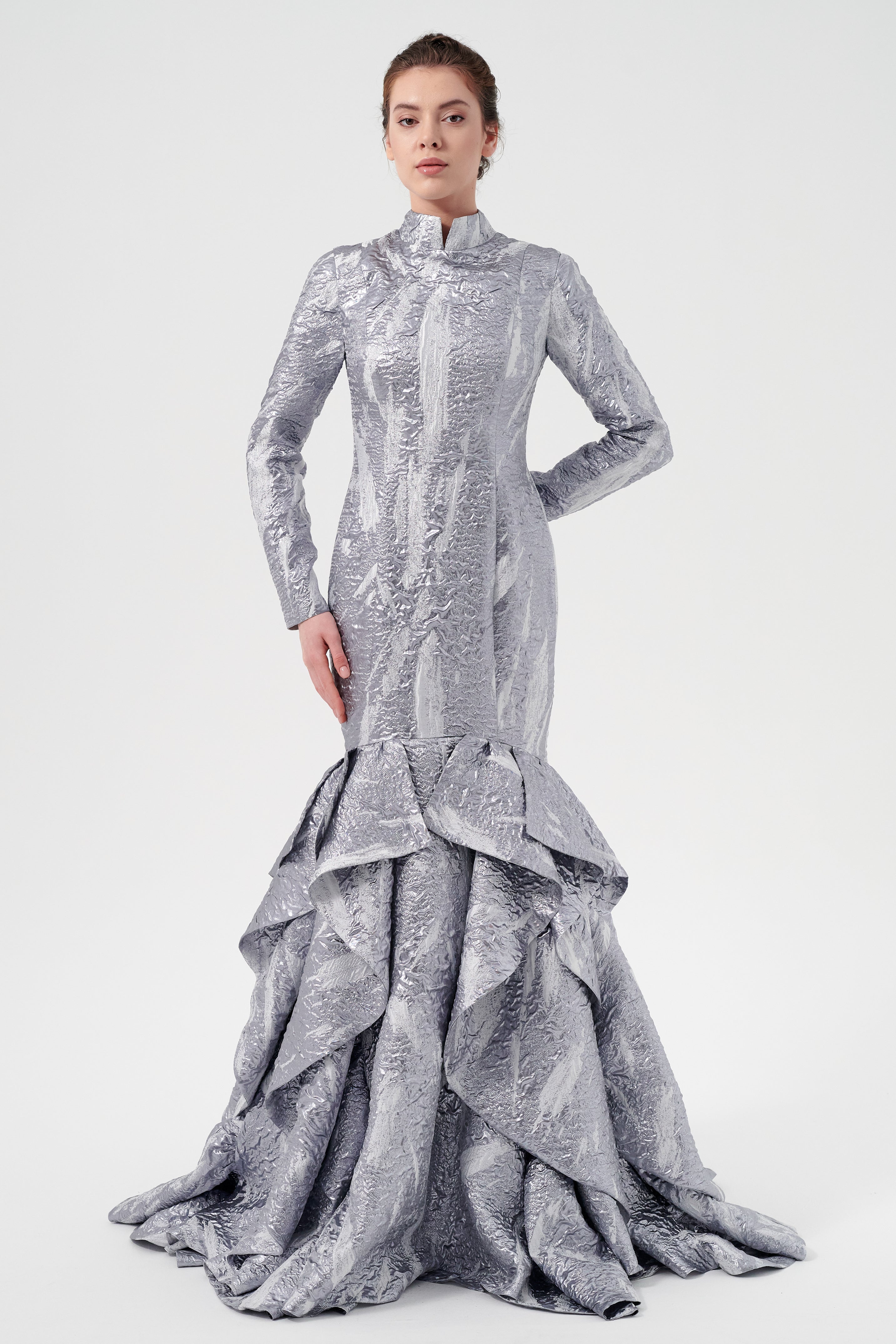 High Neck Long Sleeve Layered Ruffles Detail Long Mermaid Gown John Paul Ataker High Neck Long Sleeve Layered Ruffles Detail Long Mermaid Gown John Paul Ataker