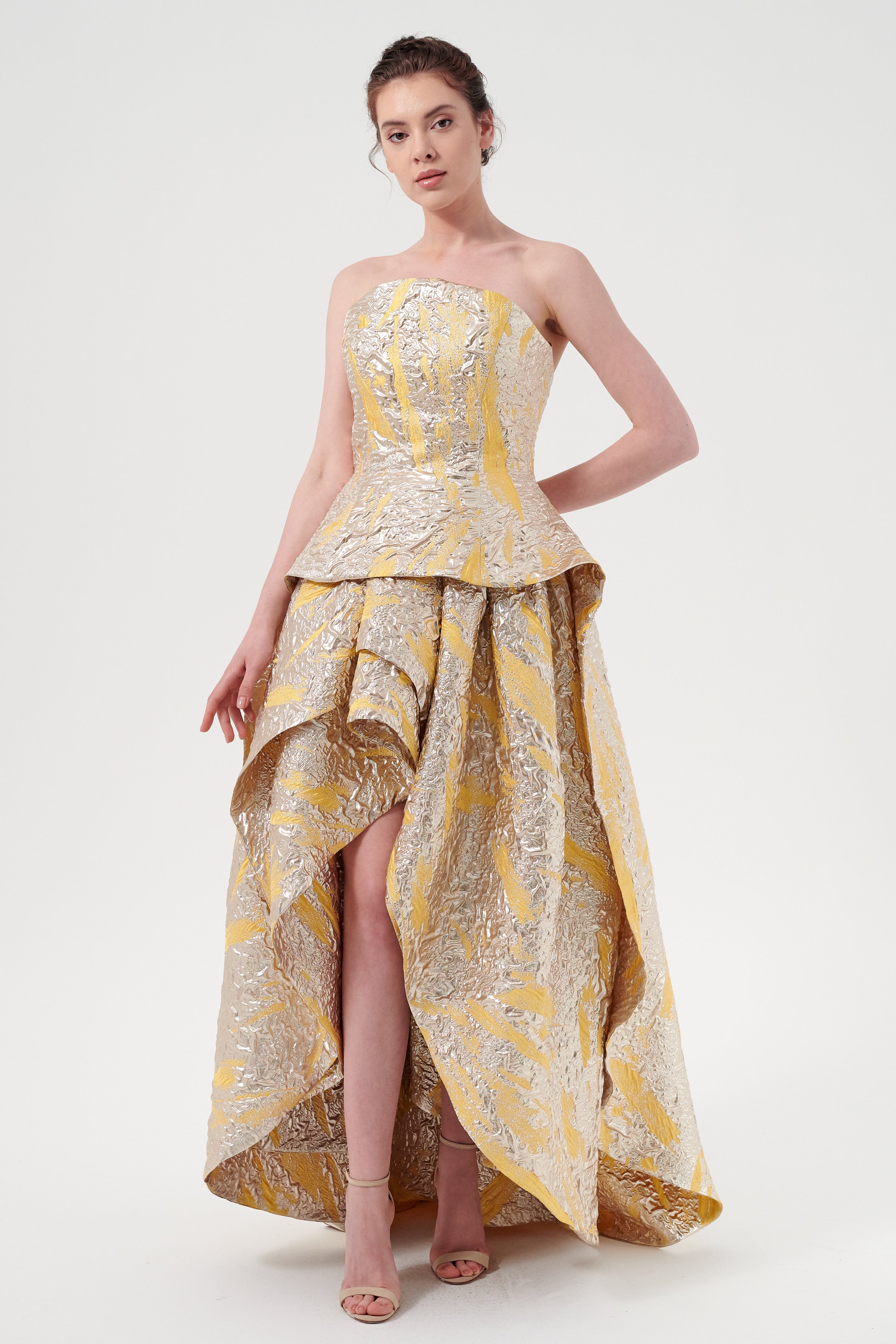 Extured Metallic Jacquard Strapless Neckline, And Layered Fluffy High-Low Hem Dress GRAY Extured Metallic Jacquard Strapless Neckline, And Layered Fluffy High-Low Hem Dress GRAY