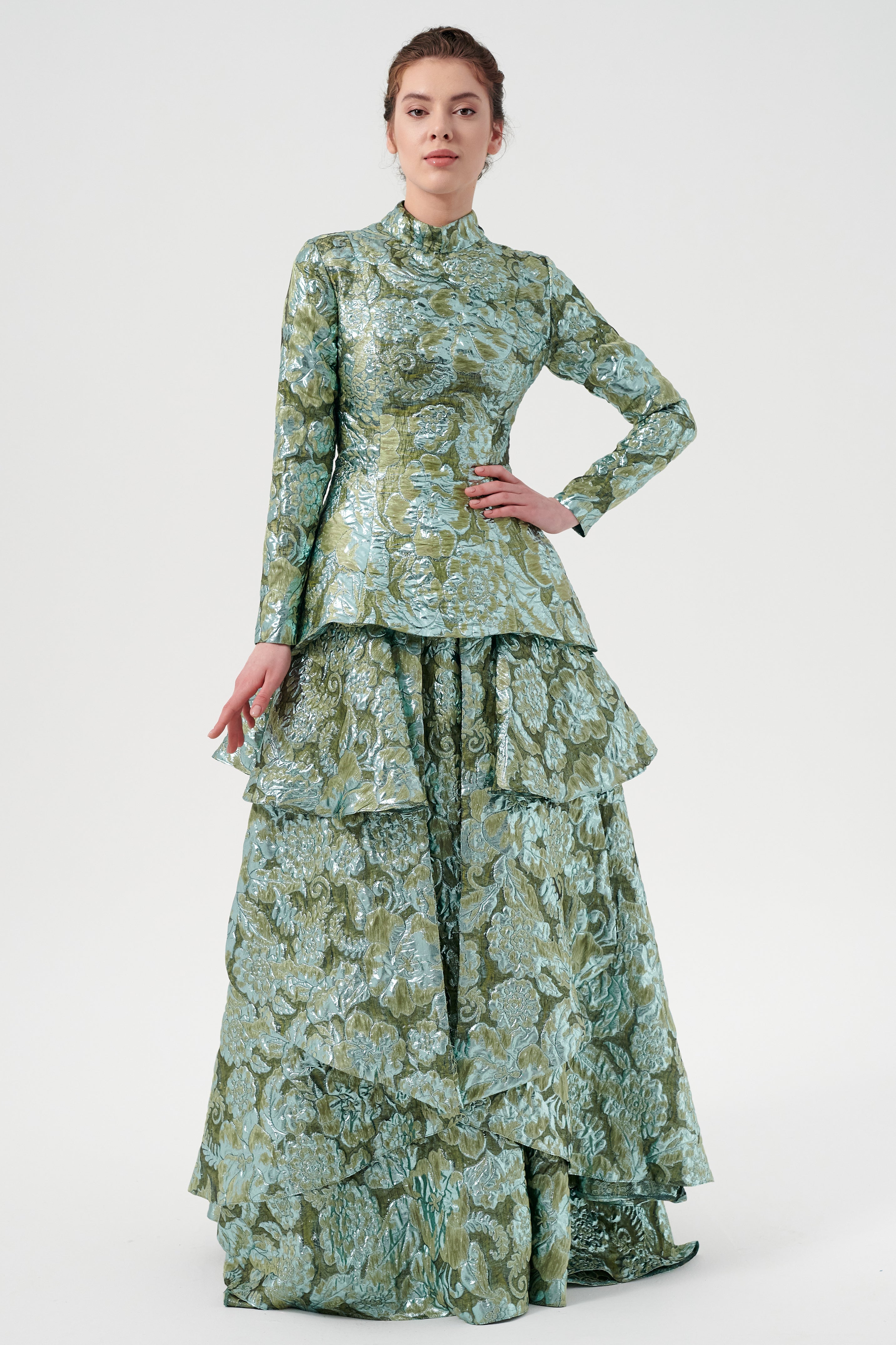 High Neckline, Long Sleeves, And Layered Fluffy Hem Detail Two-Tone Floral Print Jacquard Gown Black High Neckline, Long Sleeves, And Layered Fluffy Hem Detail Two-Tone Floral Print Jacquard Gown Black