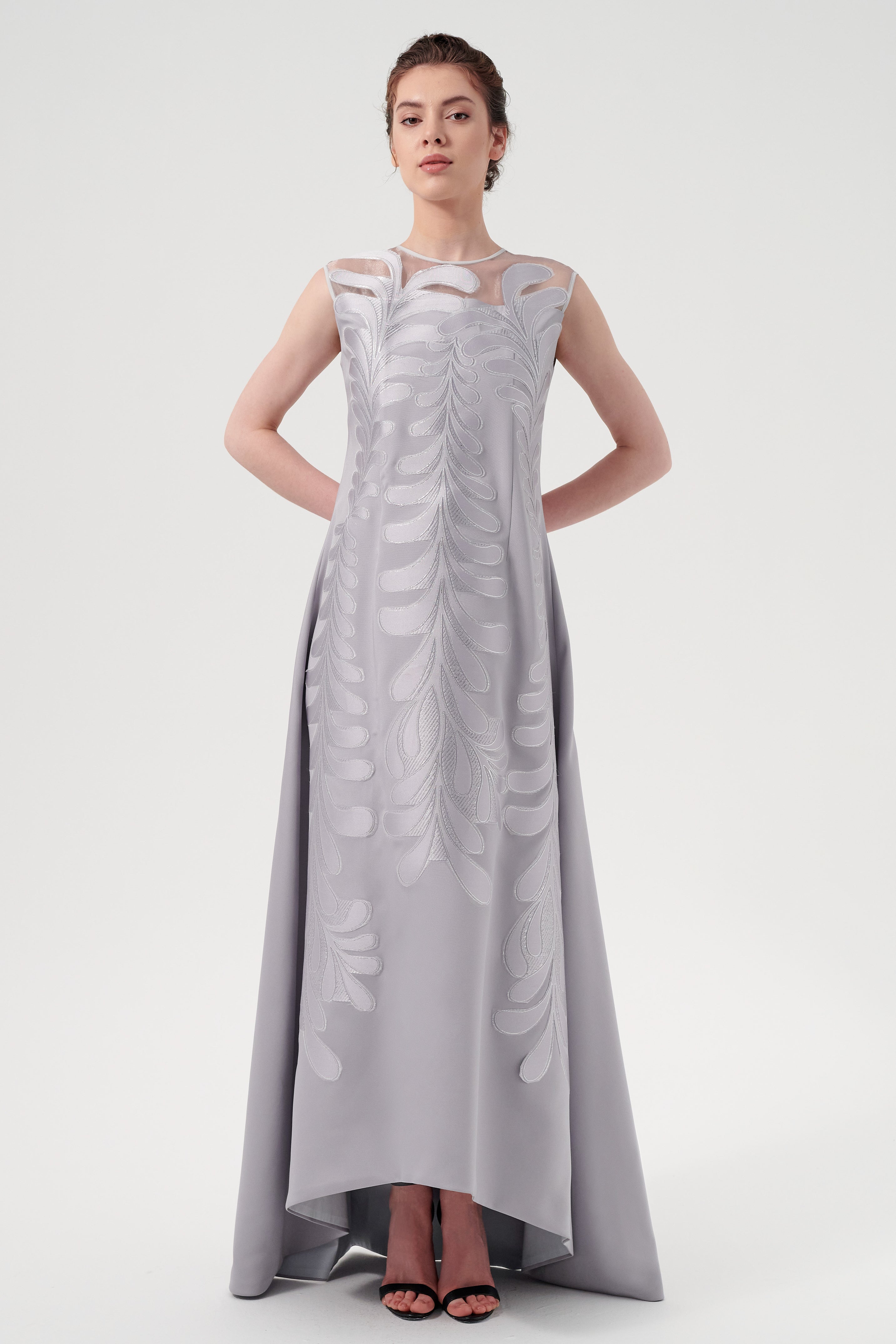 A Jewel Neckline Short Sleeve Slightly High-Low Hem With Floral Appliq John Paul Ataker A Jewel Neckline Short Sleeve Slightly High-Low Hem With Floral Appliq John Paul Ataker