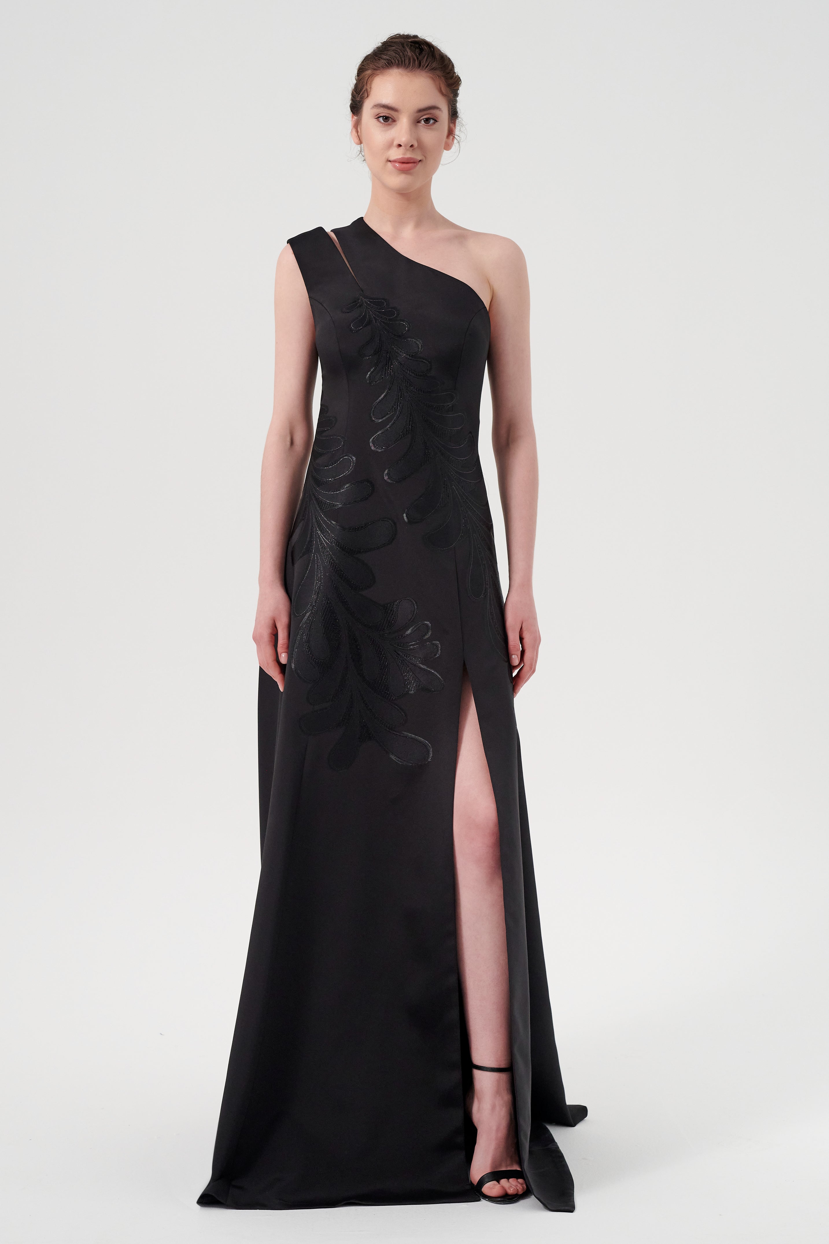 black applique detail one shoulder cut out maxi dress One Shoulder Cut Out Maxi Dress in Black - 2