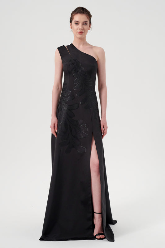 One Cut-Out Sleeve Floral Appliqué And Slit Detail Long A-Line Dress