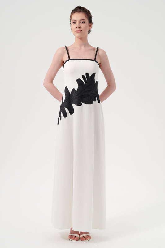 Two-Tone  Straps Detail, Floral Appliqués  Long A-Line Dress