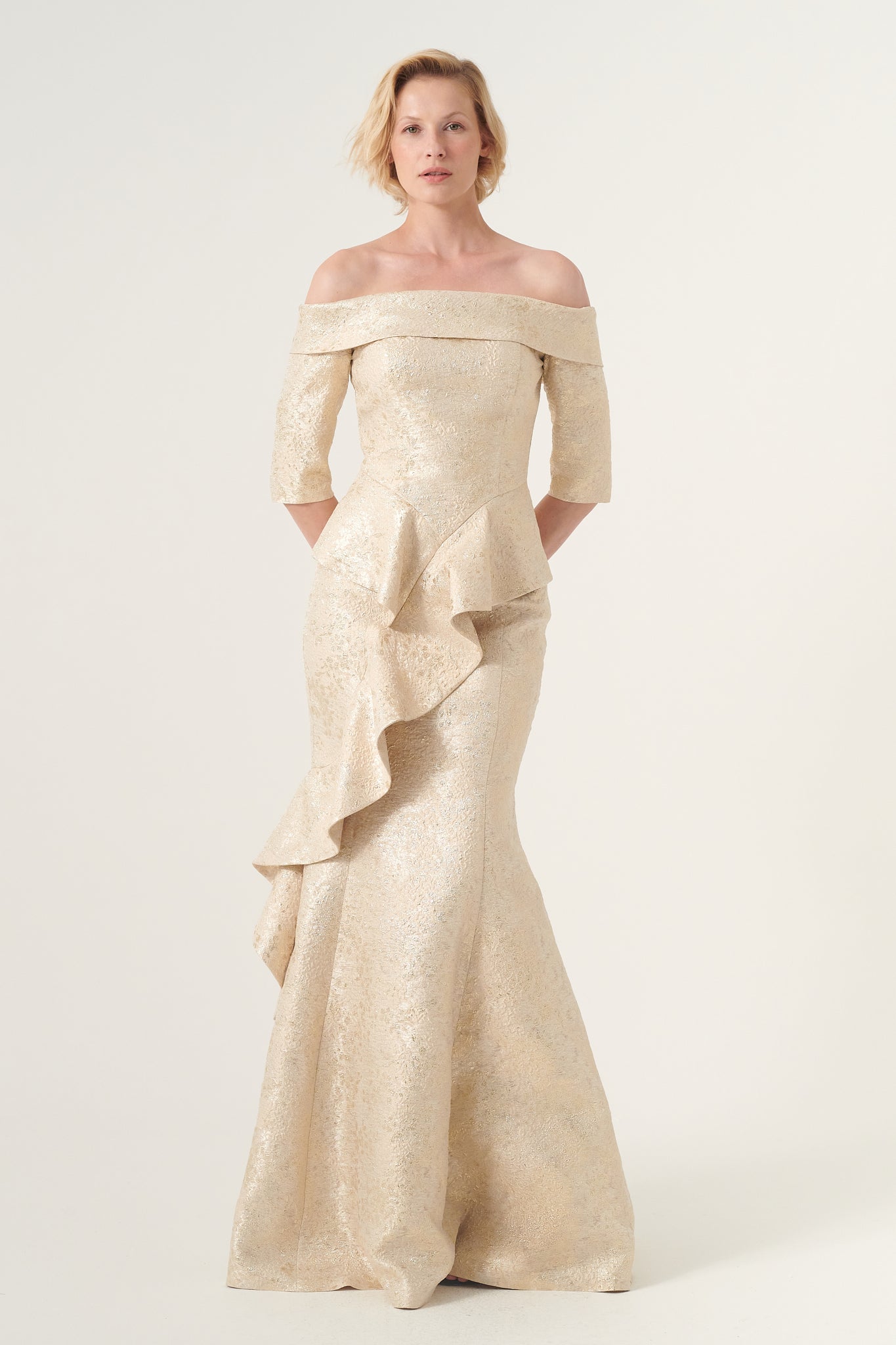 formal dress with elbow length sleeves The elbow-length sleeve crew neck long gown Blue