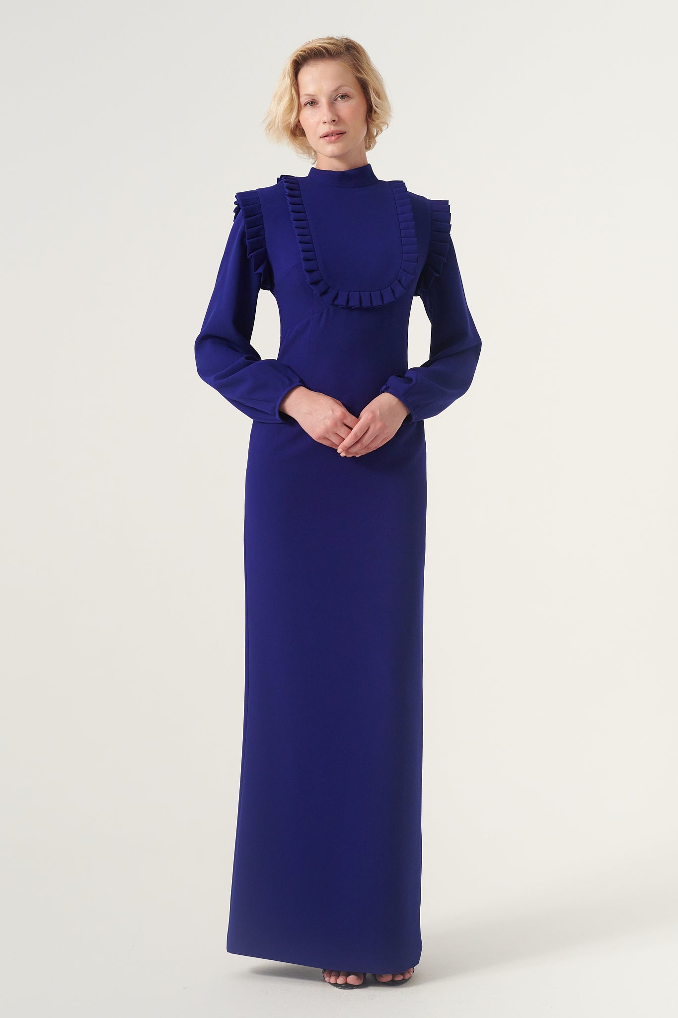 High crew neckline frill detail long column dress John Paul Ataker High crew neckline frill detail long column dress John Paul Ataker