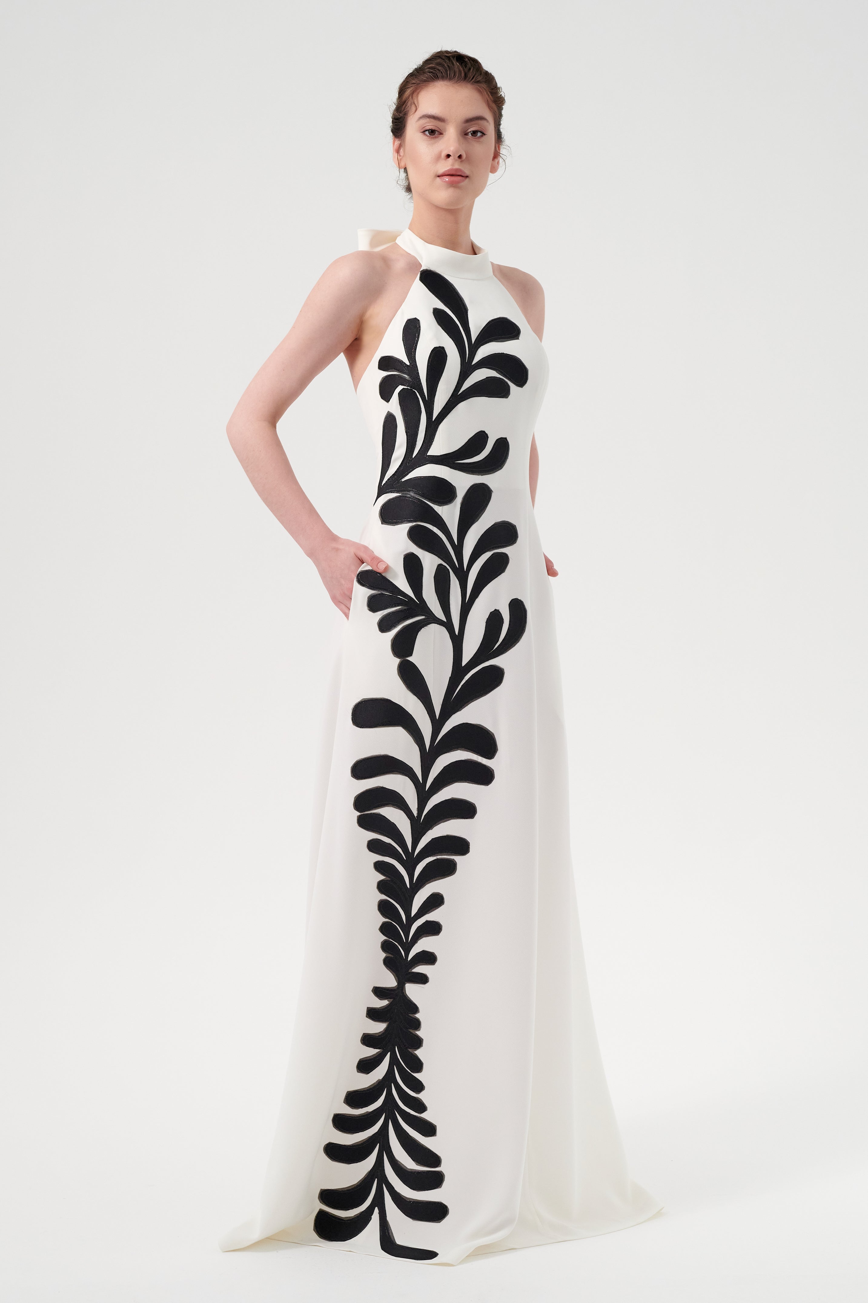 High Halter Neck With An Open-Back Tied Detail A Line Appliqus Detail Long Dress Black High Halter Neck With An Open-Back Tied Detail A Line Appliqus Detail Long Dress Black